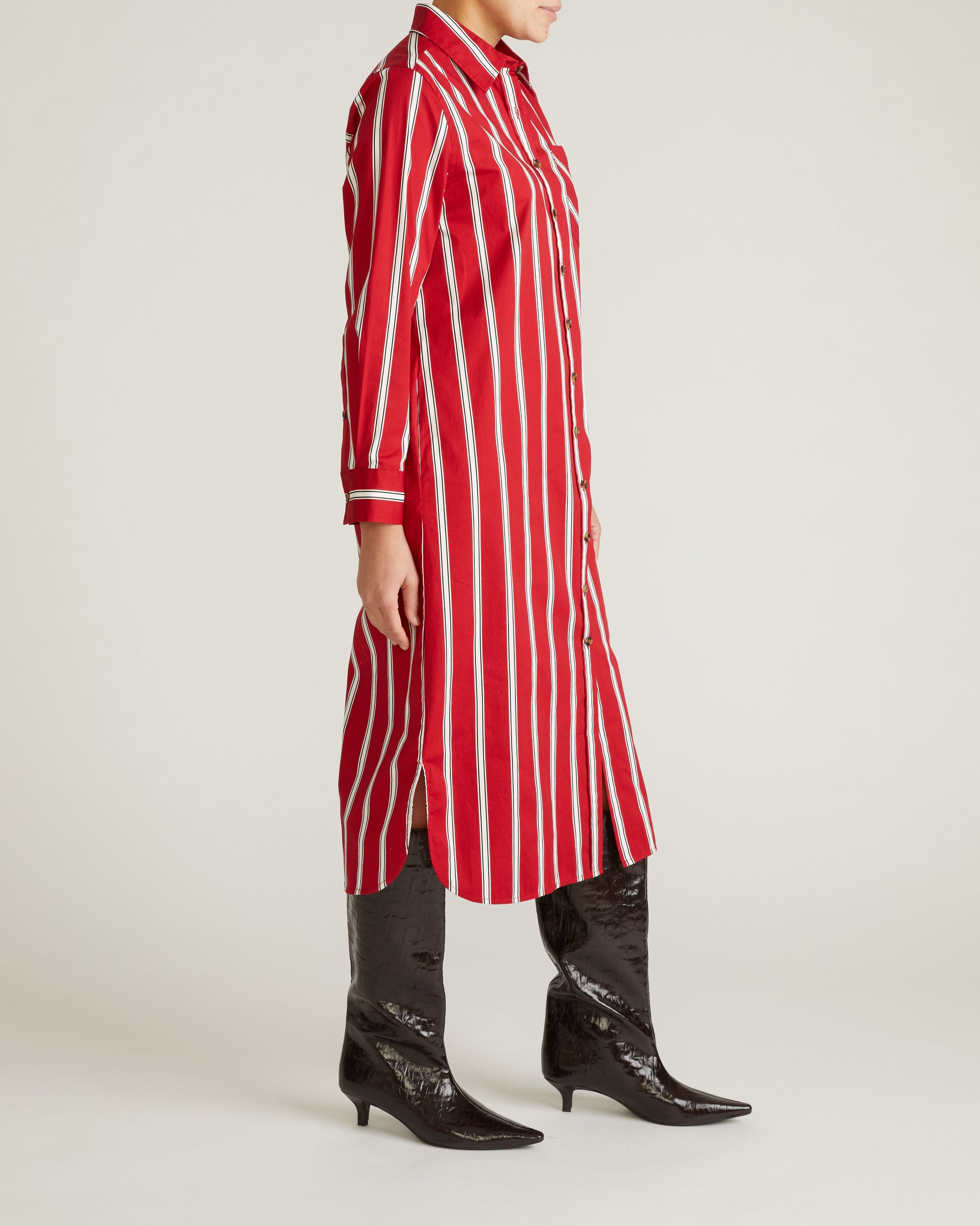 Woman wearing Odeon Stretch Poplin Shirtdress - Red/Black/White Stripe from Universal Standard