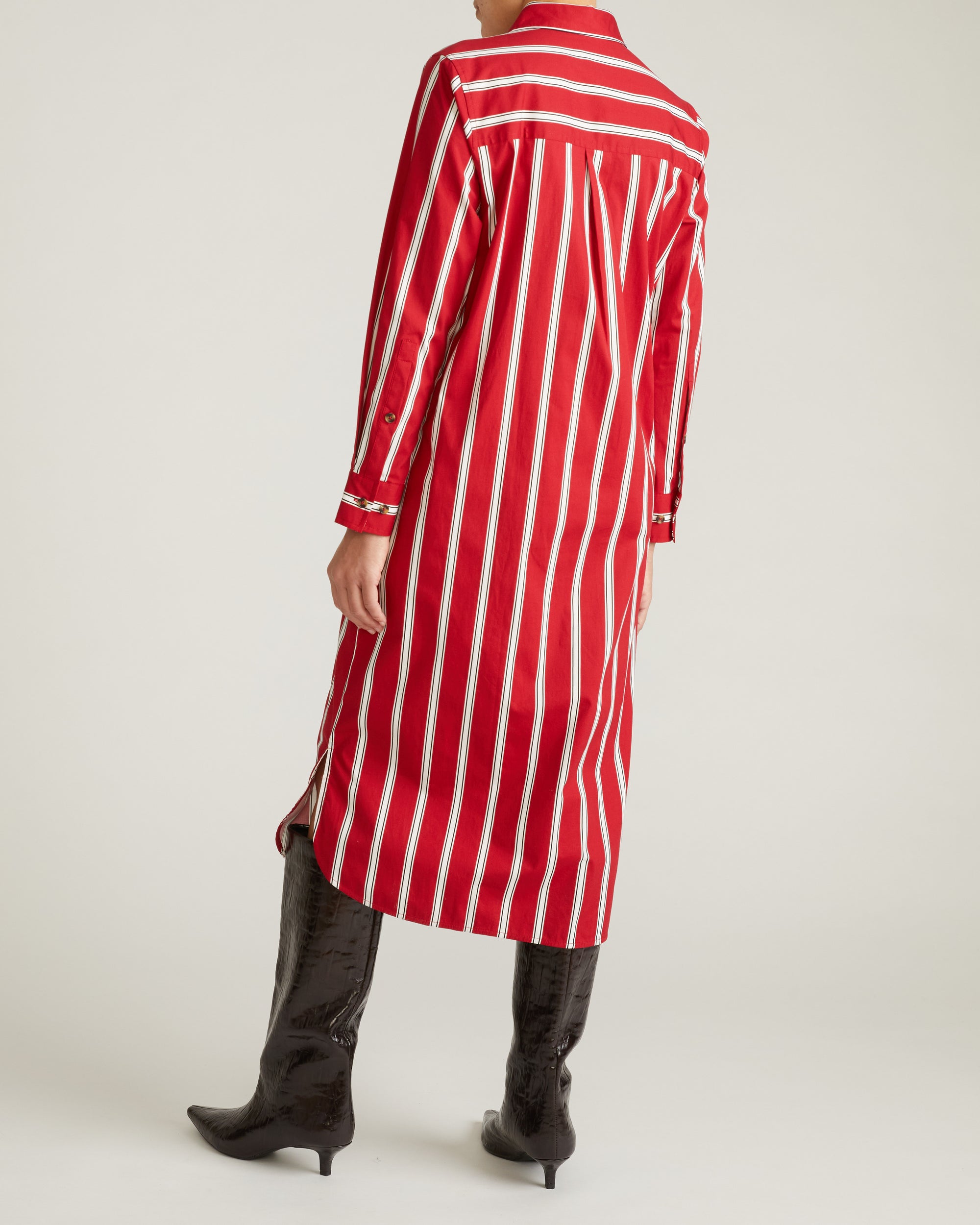 Woman wearing Odeon Stretch Poplin Shirtdress - Red/Black/White Stripe from Universal Standard