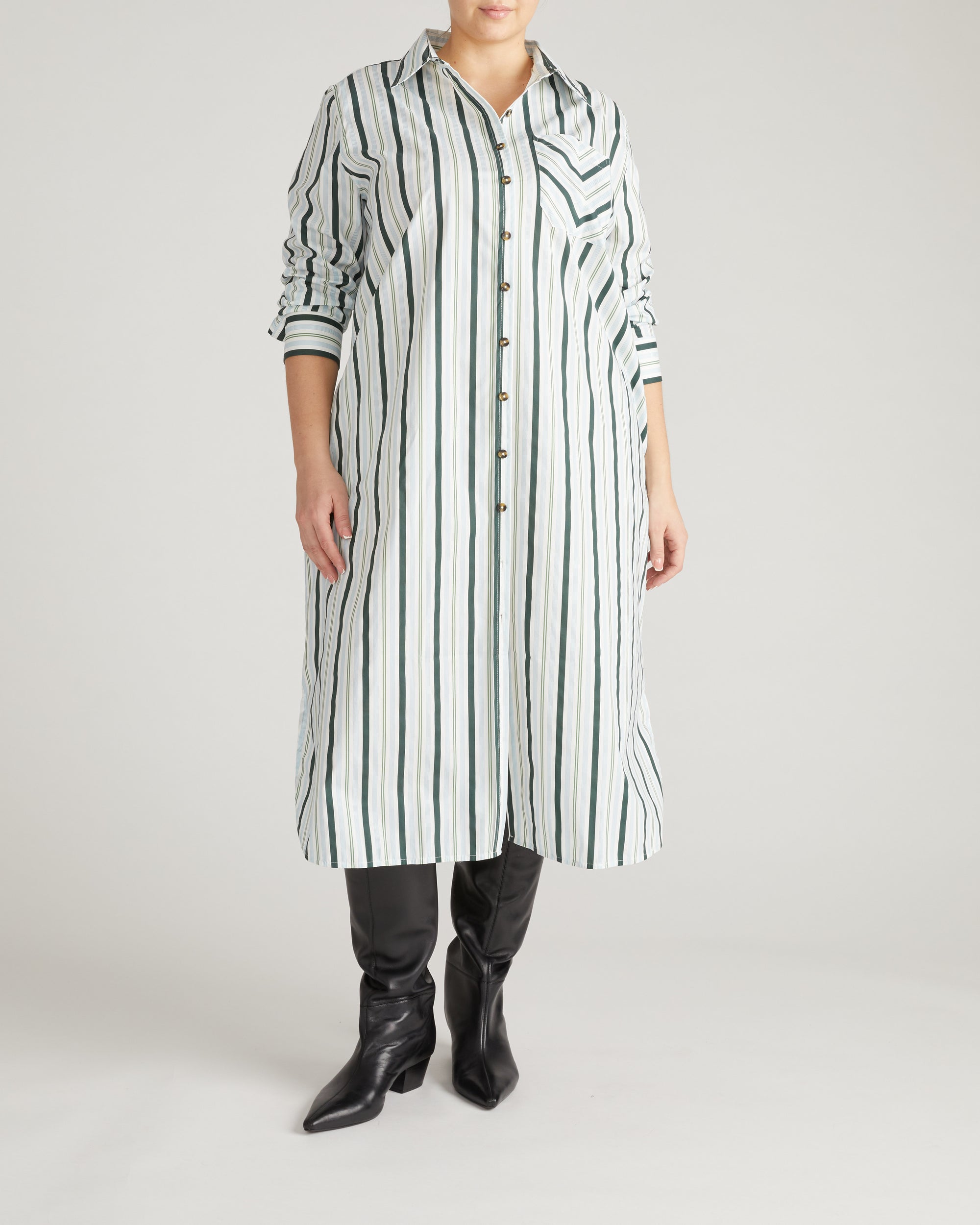 Odeon Stretch Poplin Shirtdress - Forest Green Multi Stripe