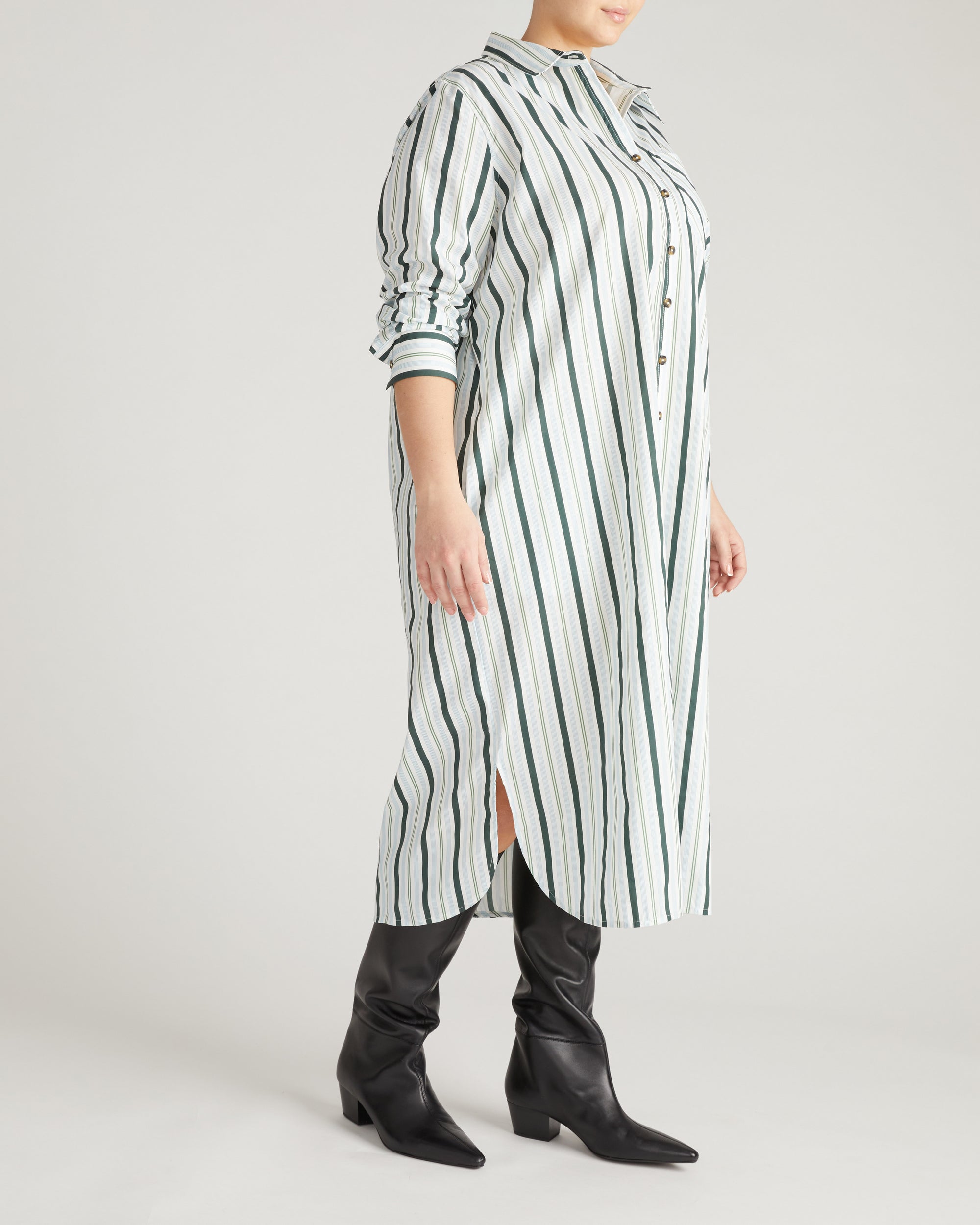 Odeon Stretch Poplin Shirtdress - Forest Green Multi Stripe