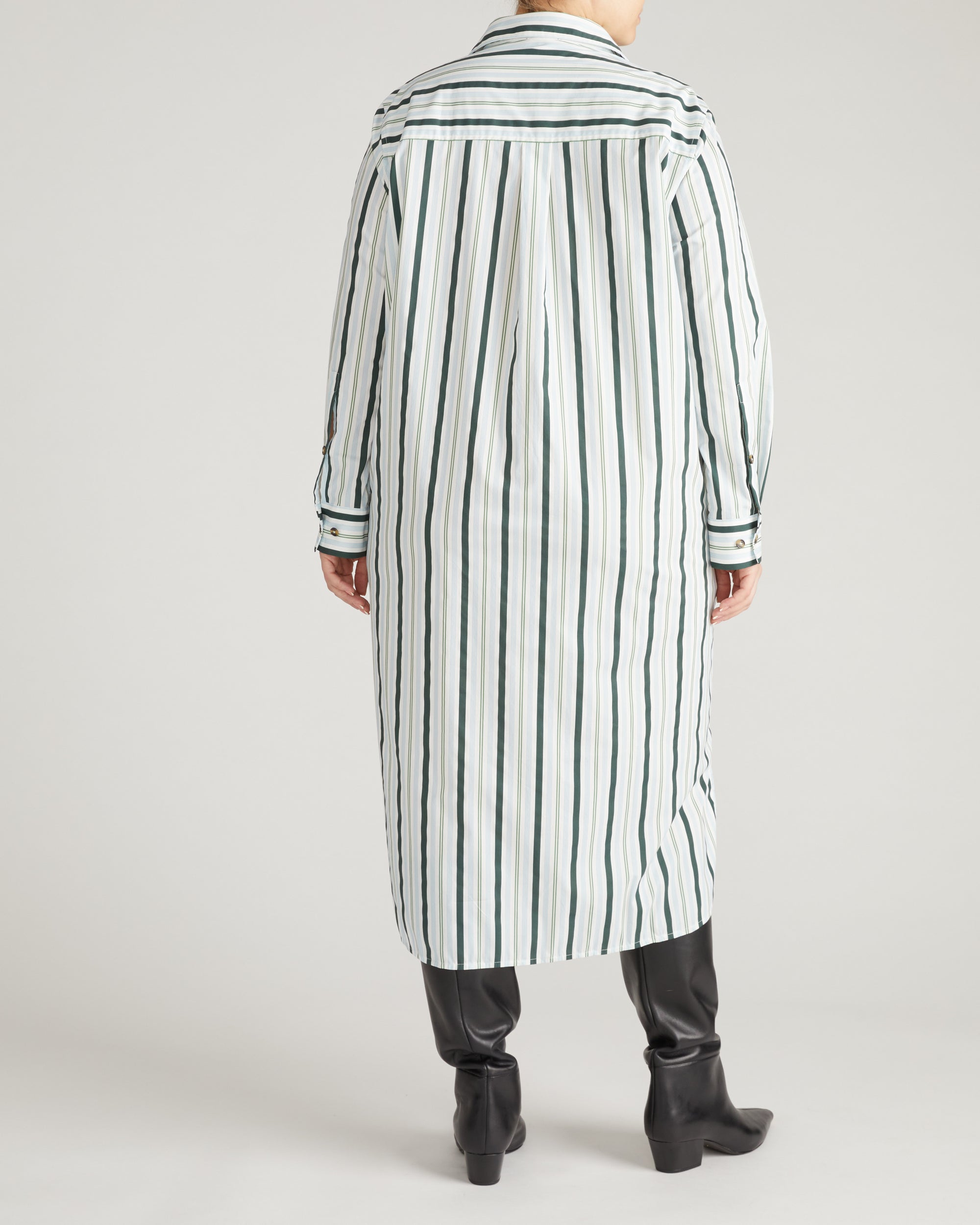Odeon Stretch Poplin Shirtdress - Forest Green Multi Stripe