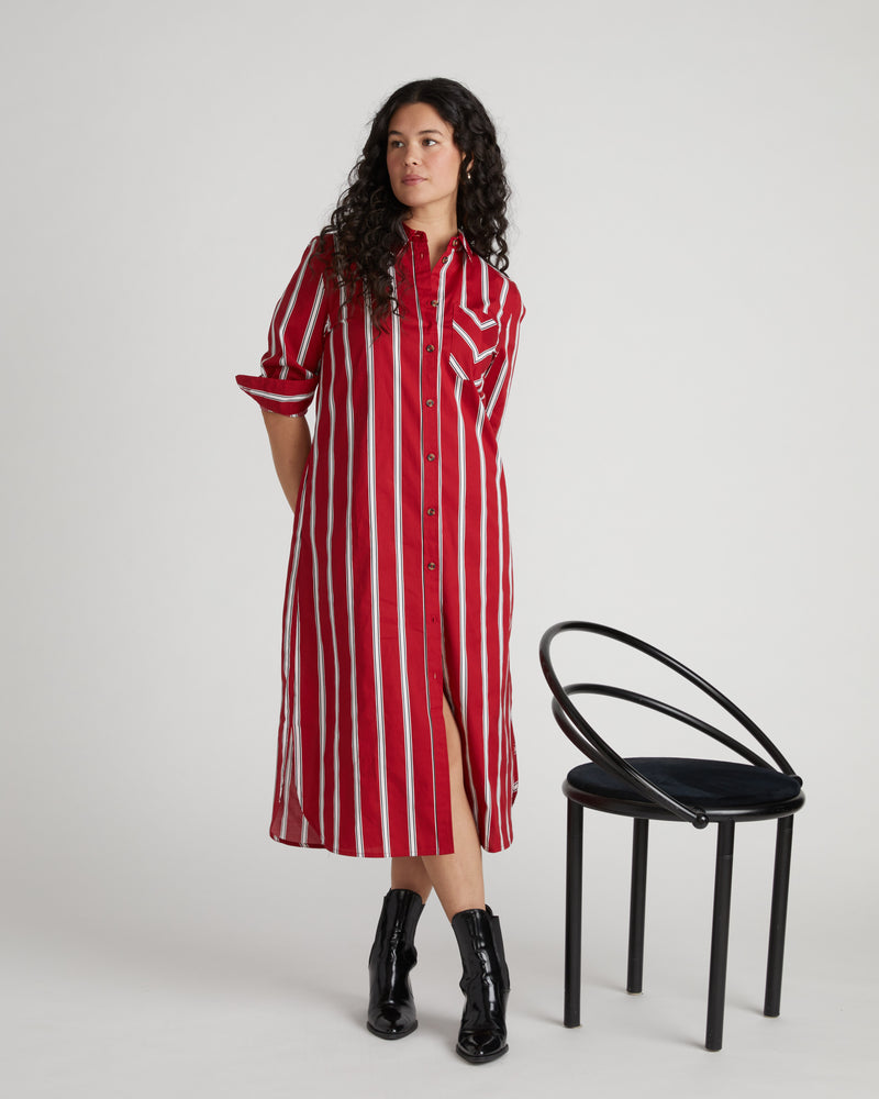 Odeon Stretch Poplin Shirtdress - Red/Black/White Stripe