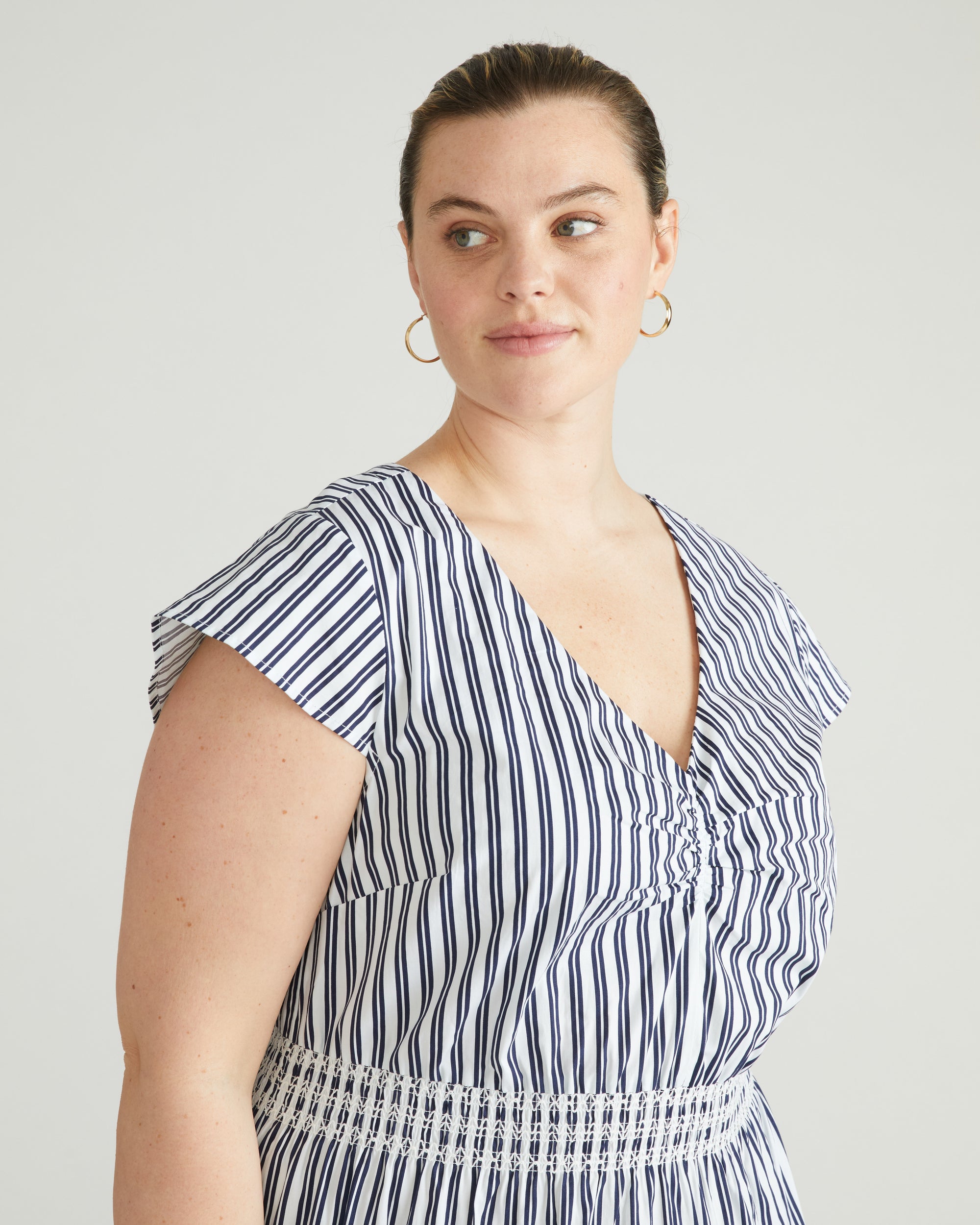 Ambroeus Smocked Poplin Dress - White/Navy Multi Stripe
