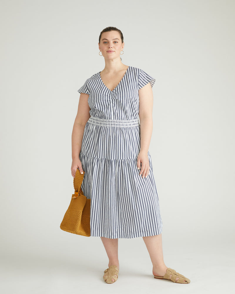 Ambroeus Smocked Poplin Dress - White/Navy