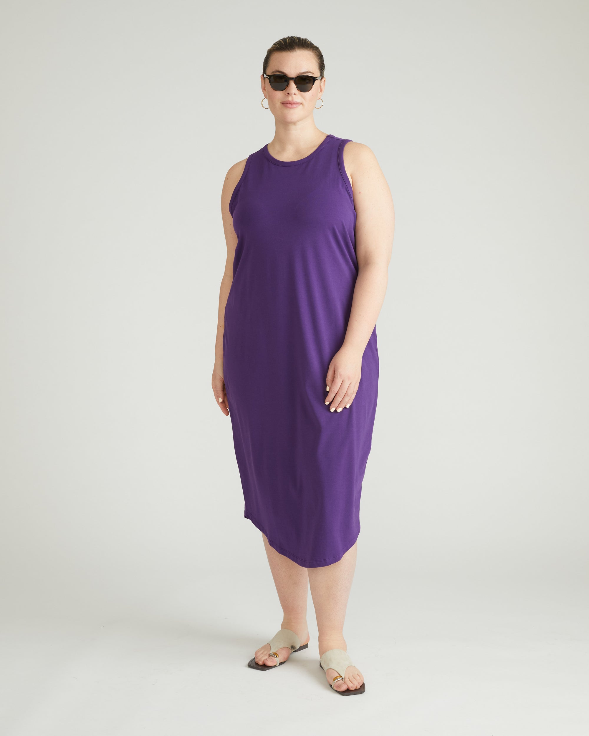 Woman wearing Cai High Neck Tank Dress - Deep Purple from Final Few