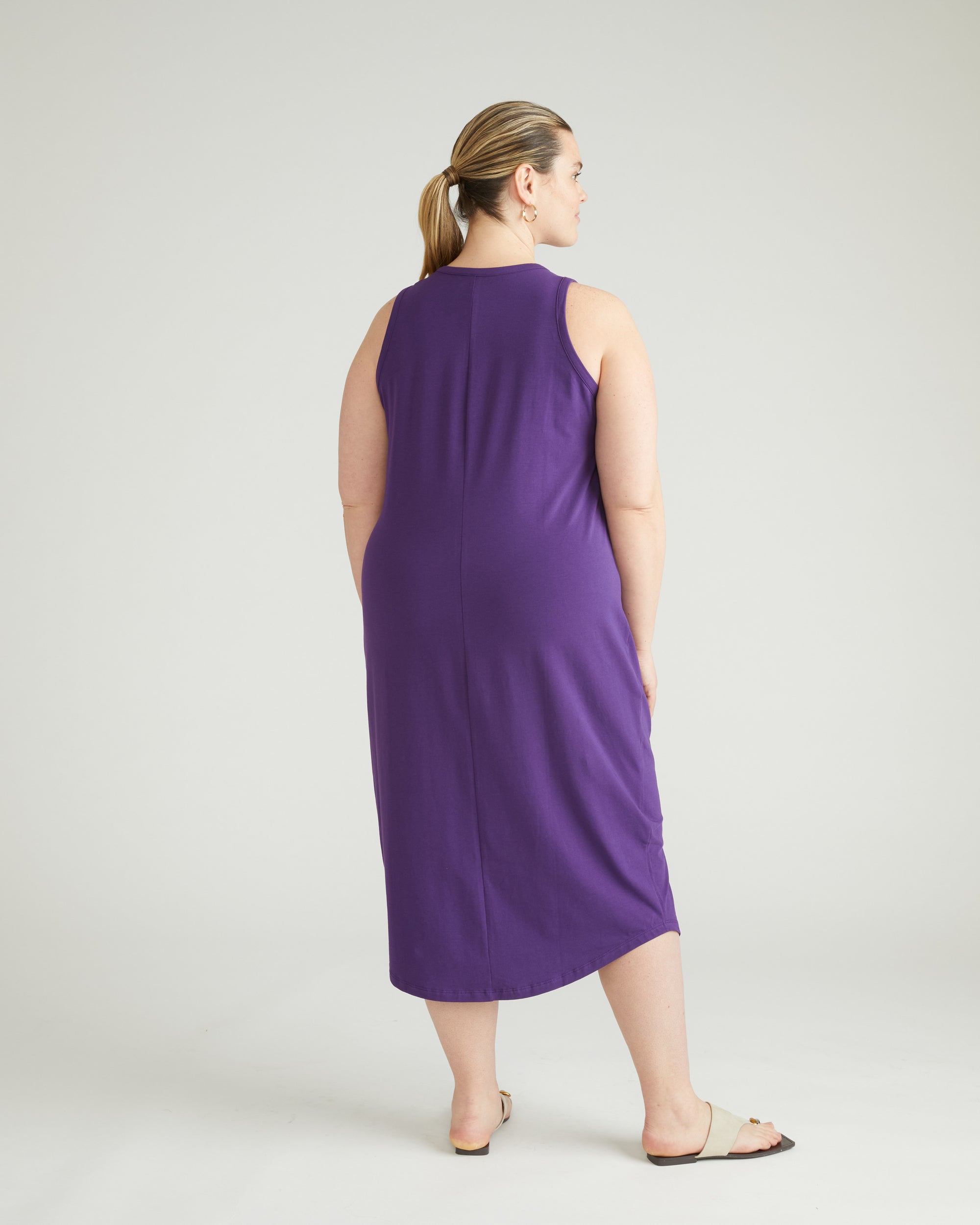 Woman wearing Cai High Neck Tank Dress - Deep Purple from Final Few
