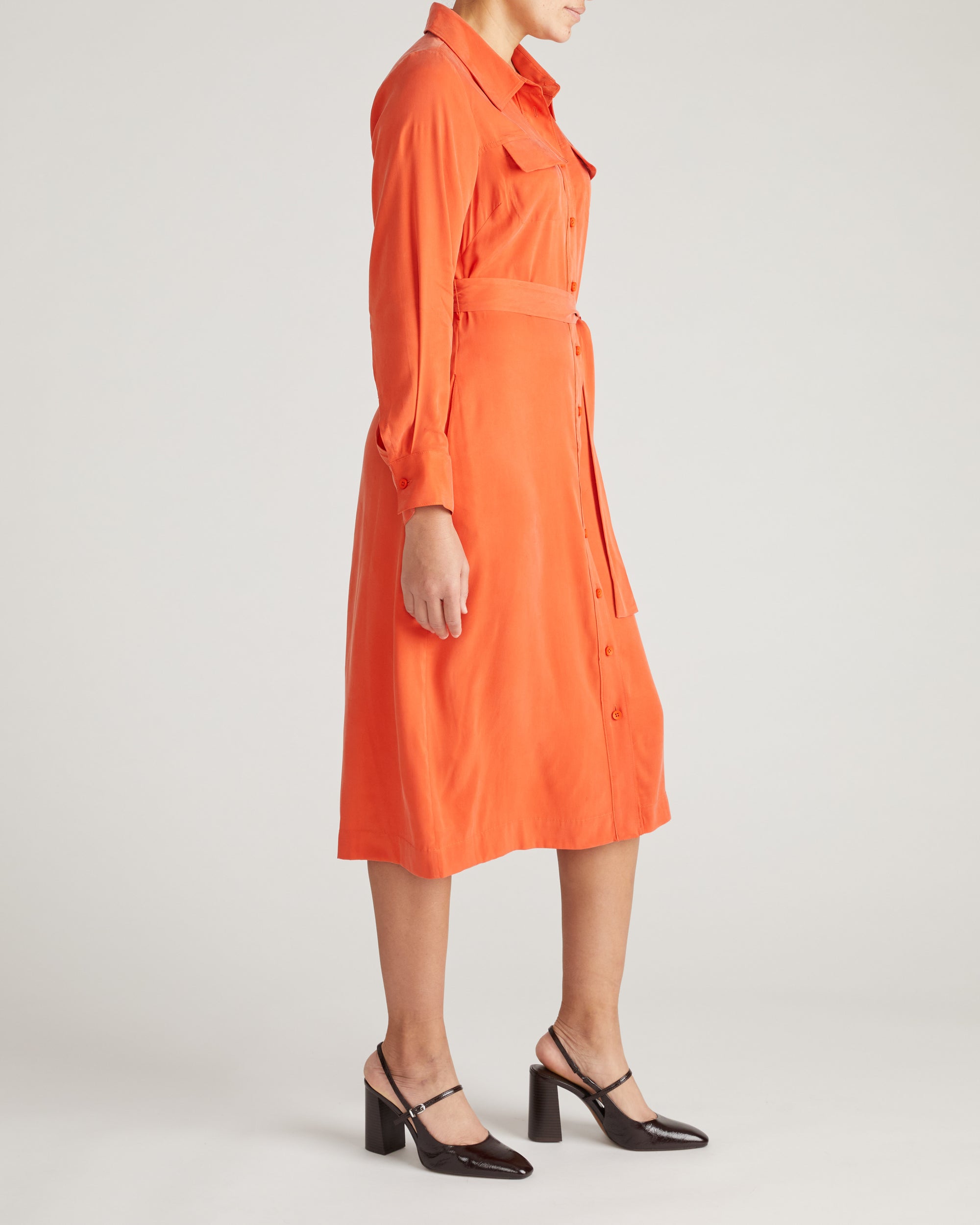 Woman wearing Cooling Stretch Cupro Savannah Dress - Orange Flame from Universal Standard