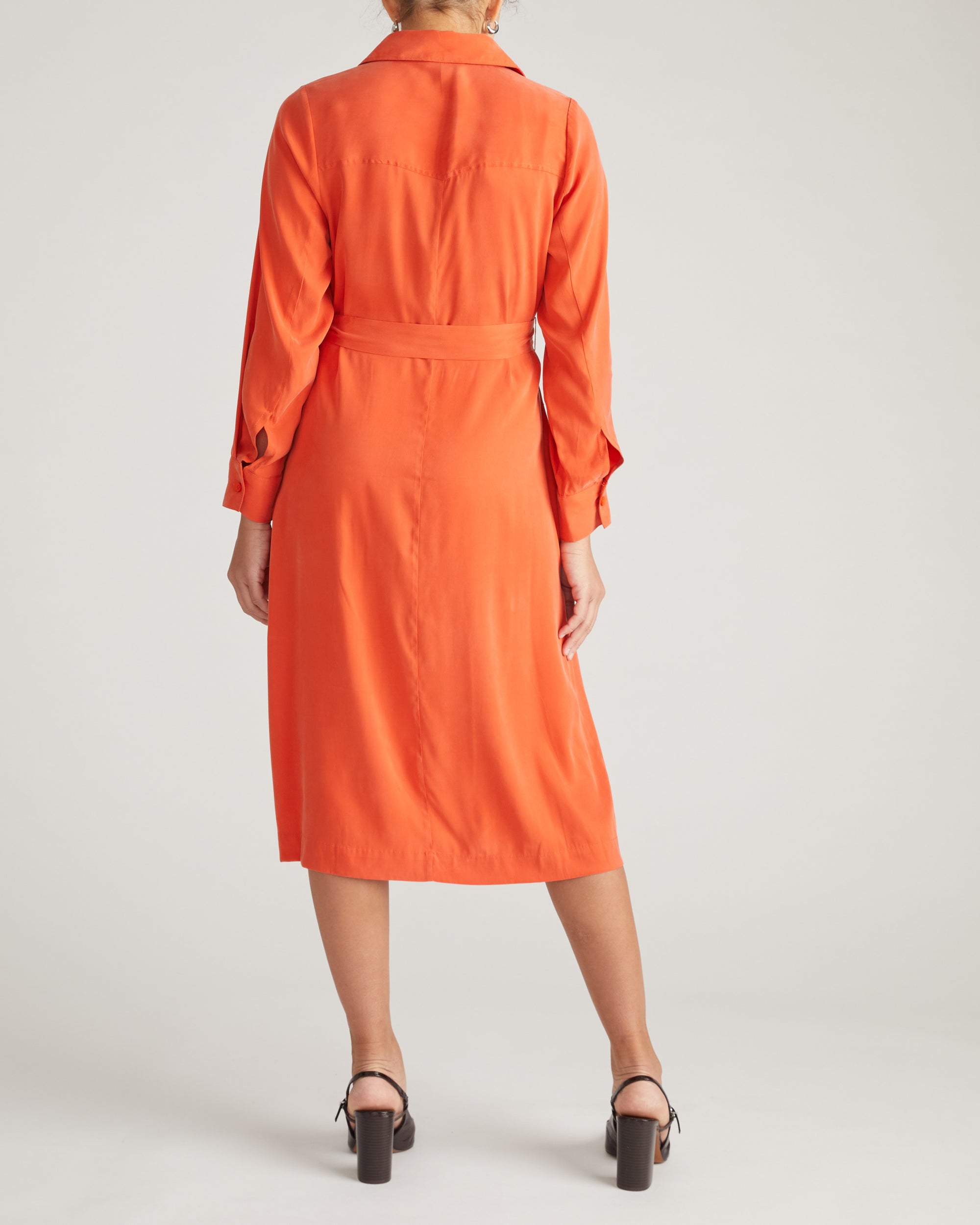 Woman wearing Cooling Stretch Cupro Savannah Dress - Orange Flame from Universal Standard