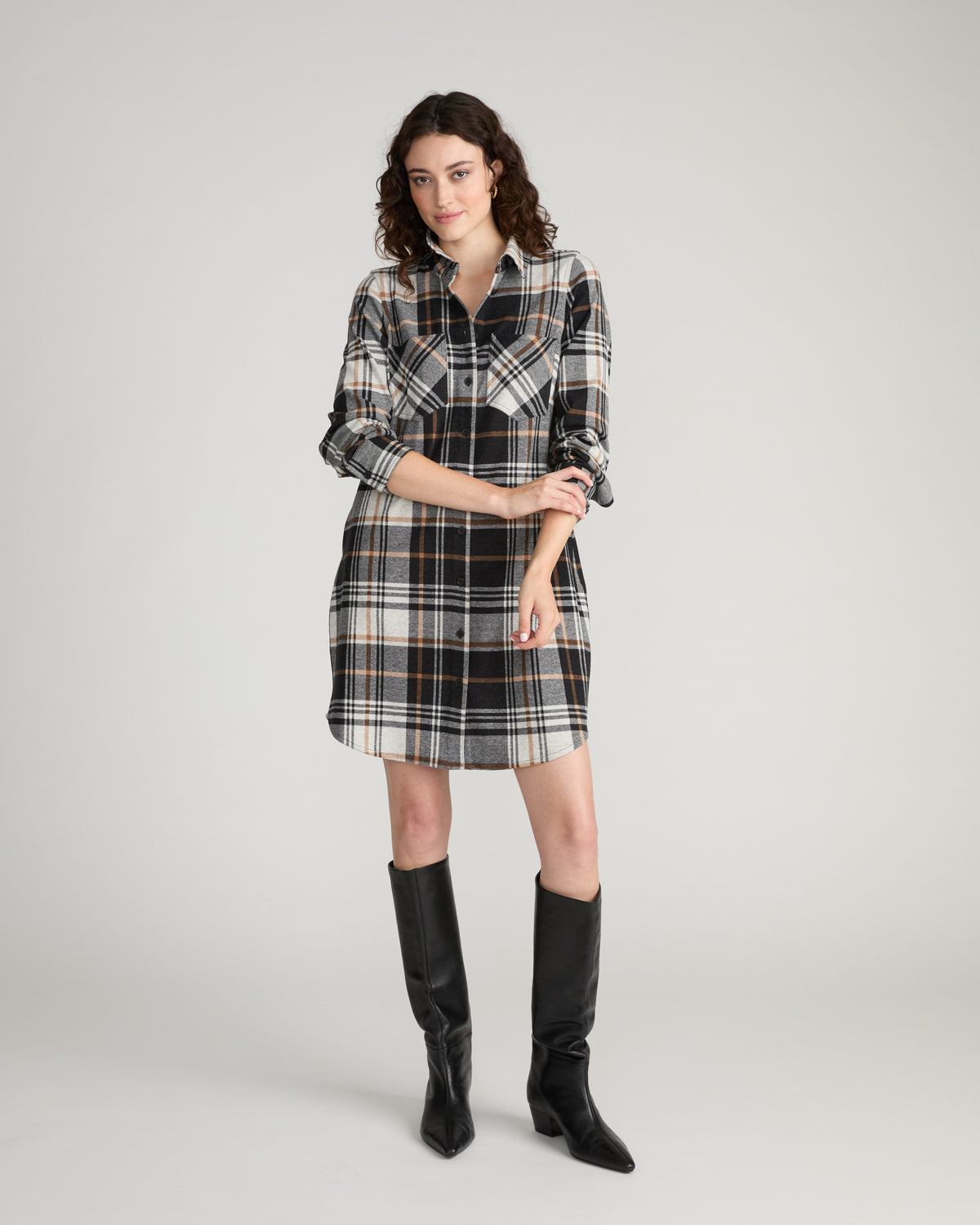 Maine Stretch Flannel Shirtdress - Black/White Ashton Plaid