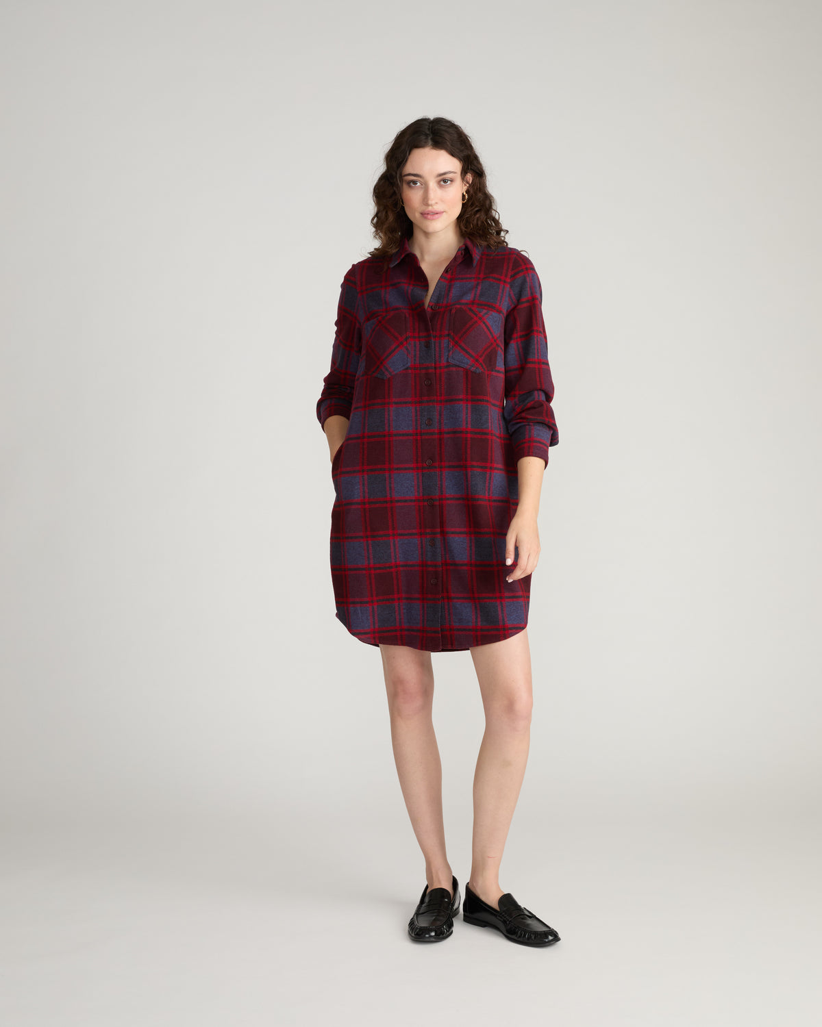 Maine Stretch Flannel Shirtdress - Garnet Plaid