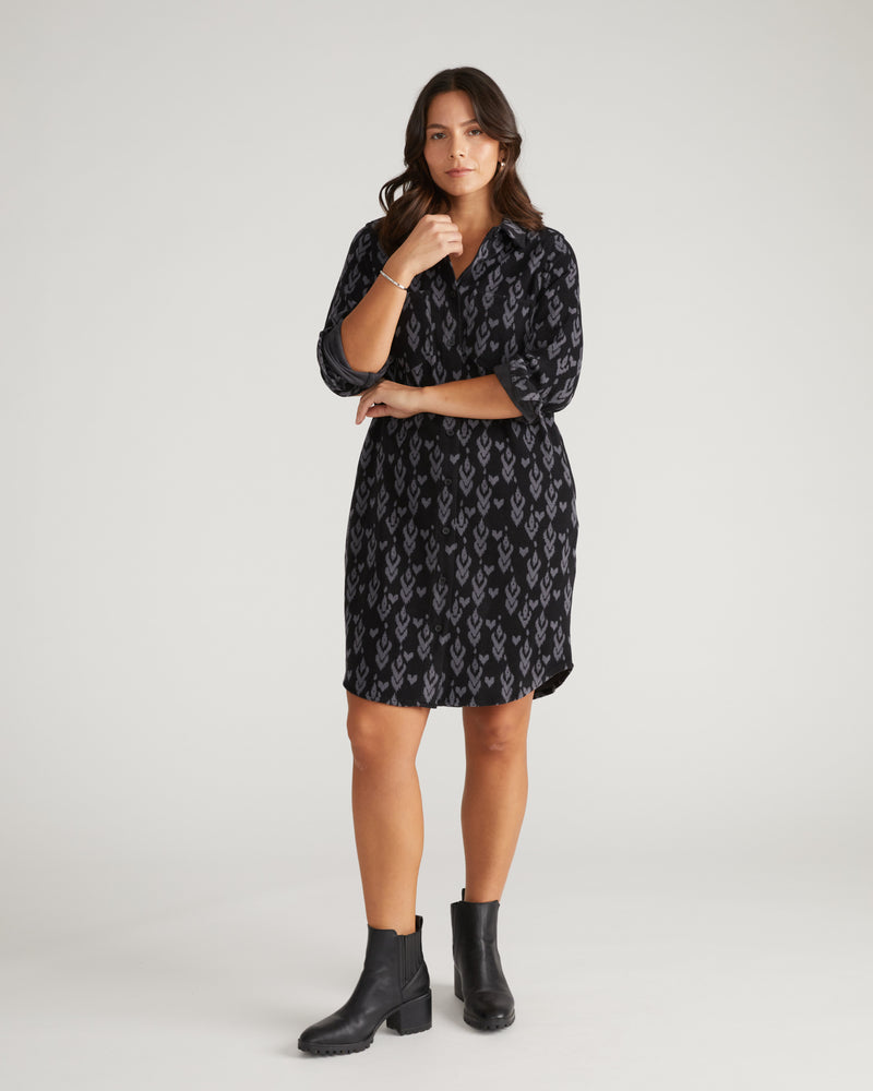 Maine Stretch Flannel Shirtdress - Indigo Ikat Arrow