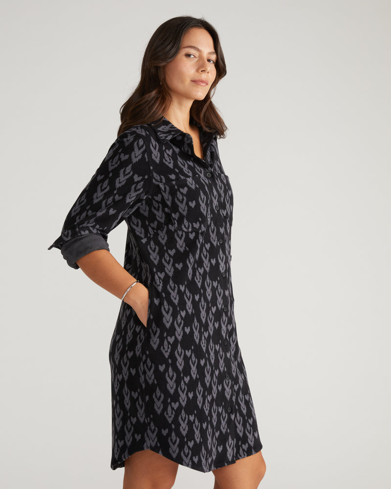 Maine Stretch Flannel Shirtdress - Indigo Ikat Arrow
