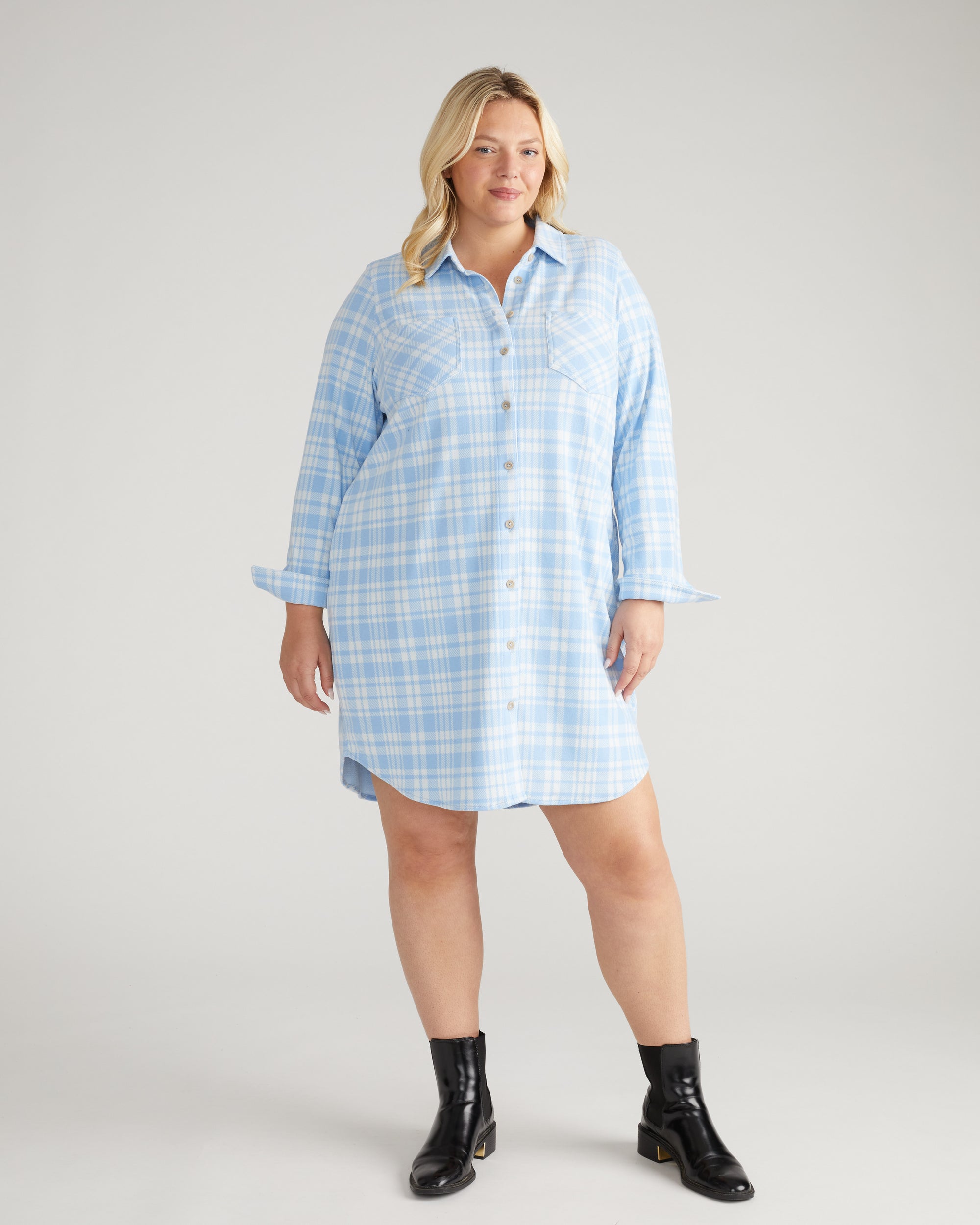 Maine Stretch Flannel Shirtdress - Teapot Whistle Blue Plaid Universal Standard Maine Stretch Flannel Shirtdress - Teapot Whistle Blue Plaid Universal Standard