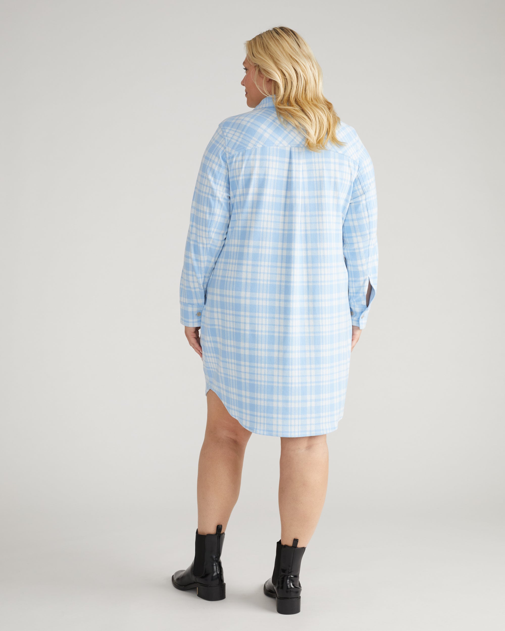 Maine Stretch Flannel Shirtdress - Teapot Whistle Blue Plaid
