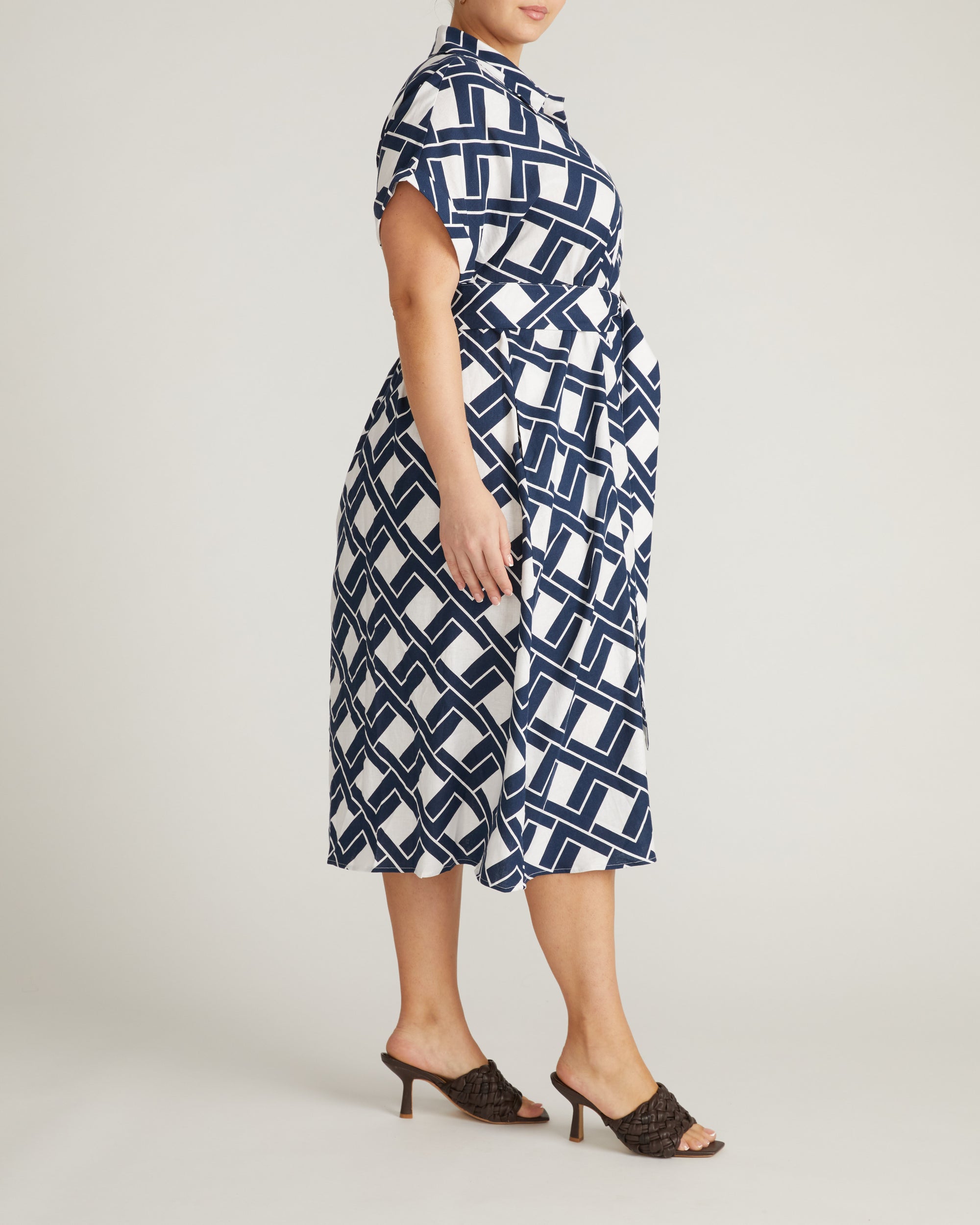 shirt dress patterned Sandy Stretch Linen Shirtdress - / Geometrica Print- Size2XS