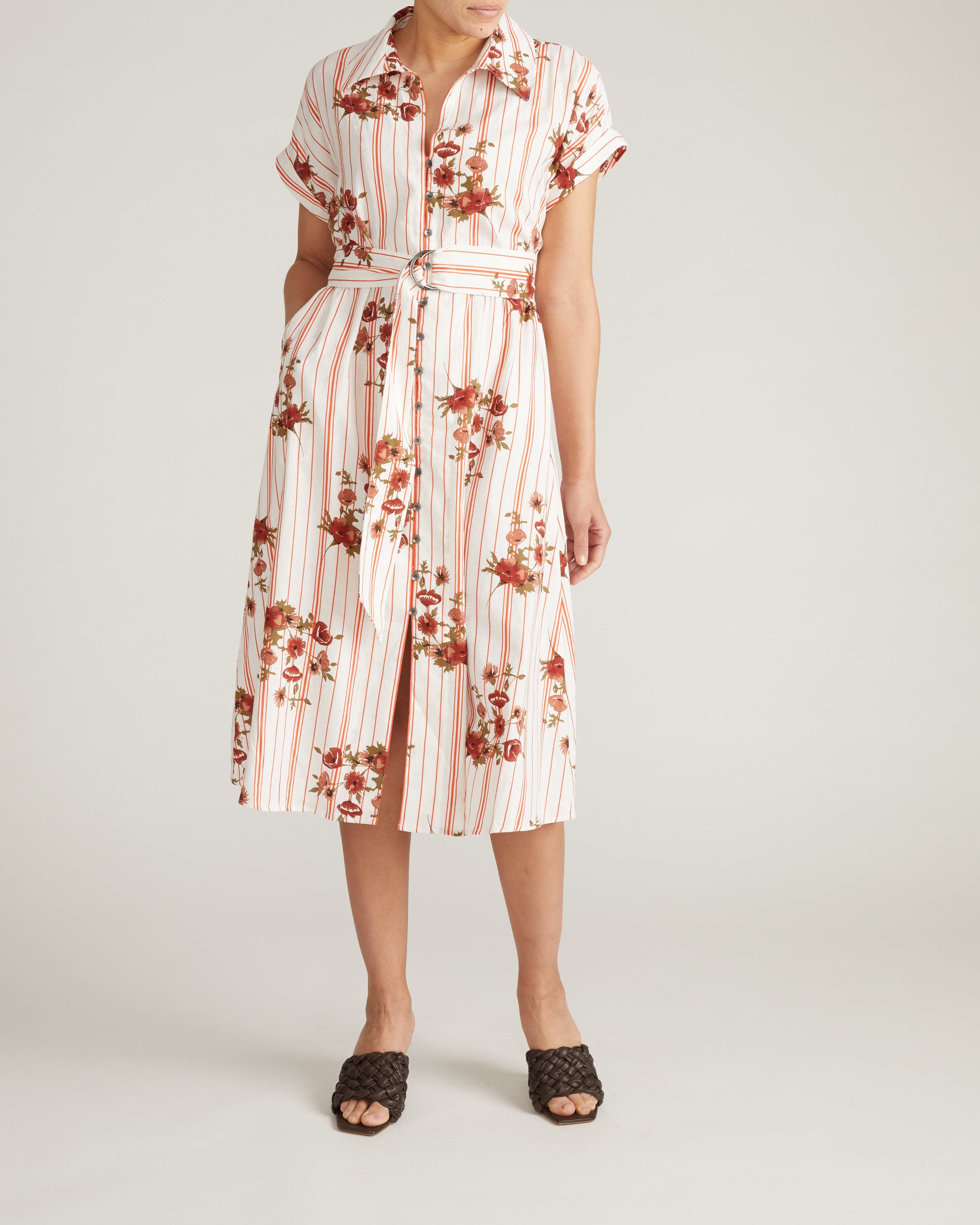 Sandy Stretch Linen Blend Shirtdress - Wild Flower Bouquet Print on Stripes | Plus Size & Straight Size Women's Fashion | Universal Standard