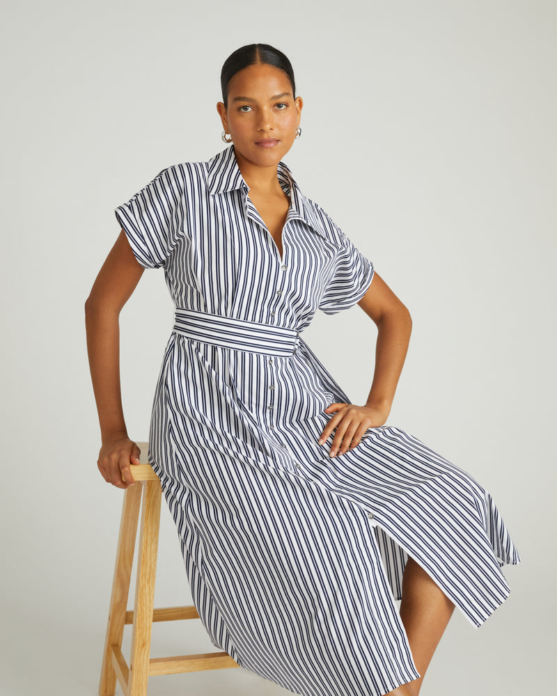 Sandy Stretch Poplin Shirtdress - White/Navy Stripe