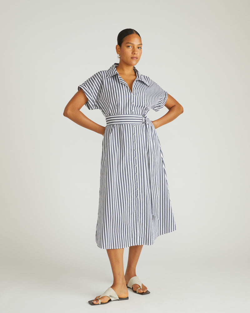 Sandy Stretch Poplin Shirtdress - White/Navy Stripe