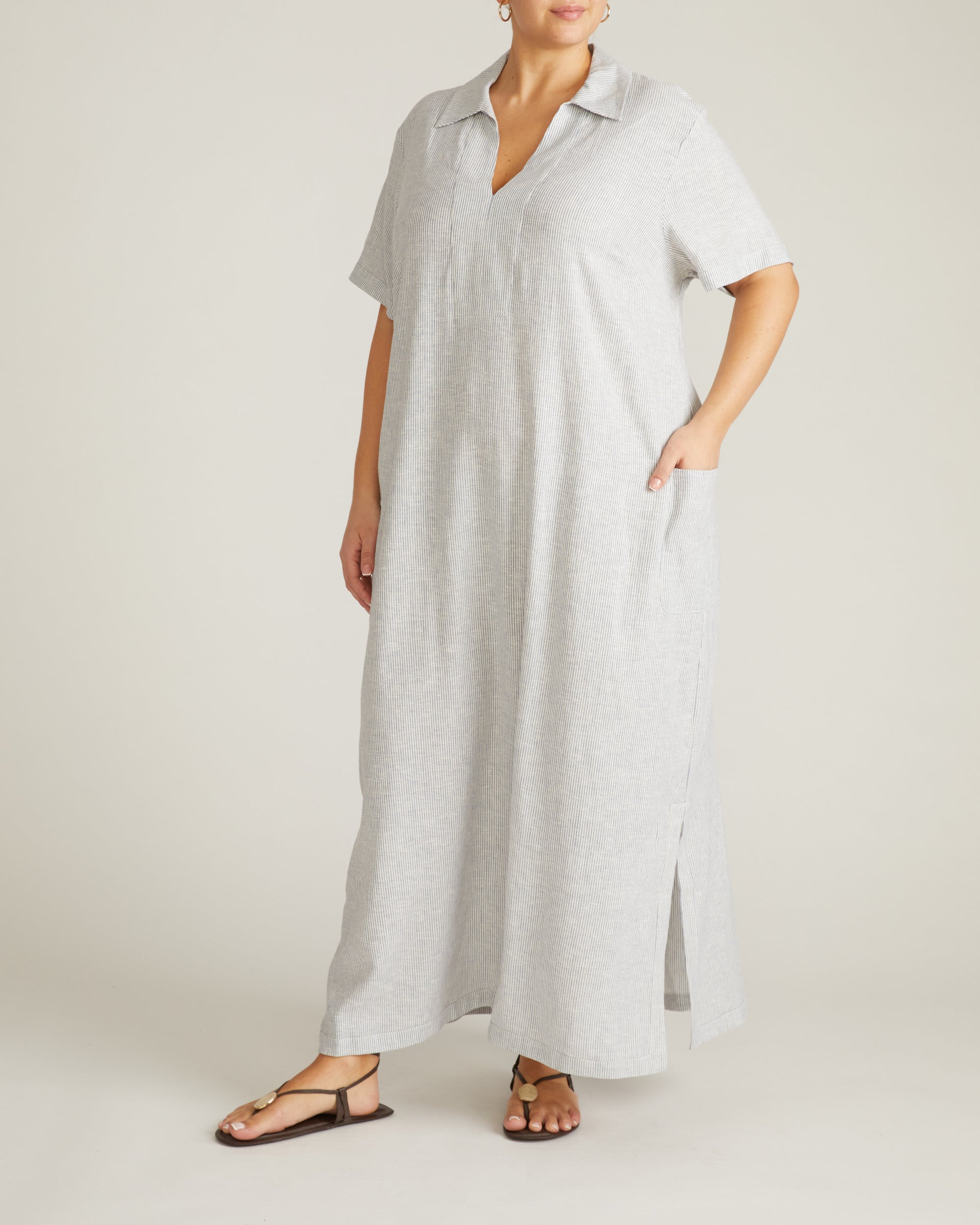 Woman wearing Padma Polo Neck Linen Dress - Beach Stripe from Universal Standard