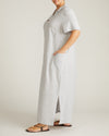Woman wearing Padma Polo Neck Linen Dress - Beach Stripe from Universal Standard