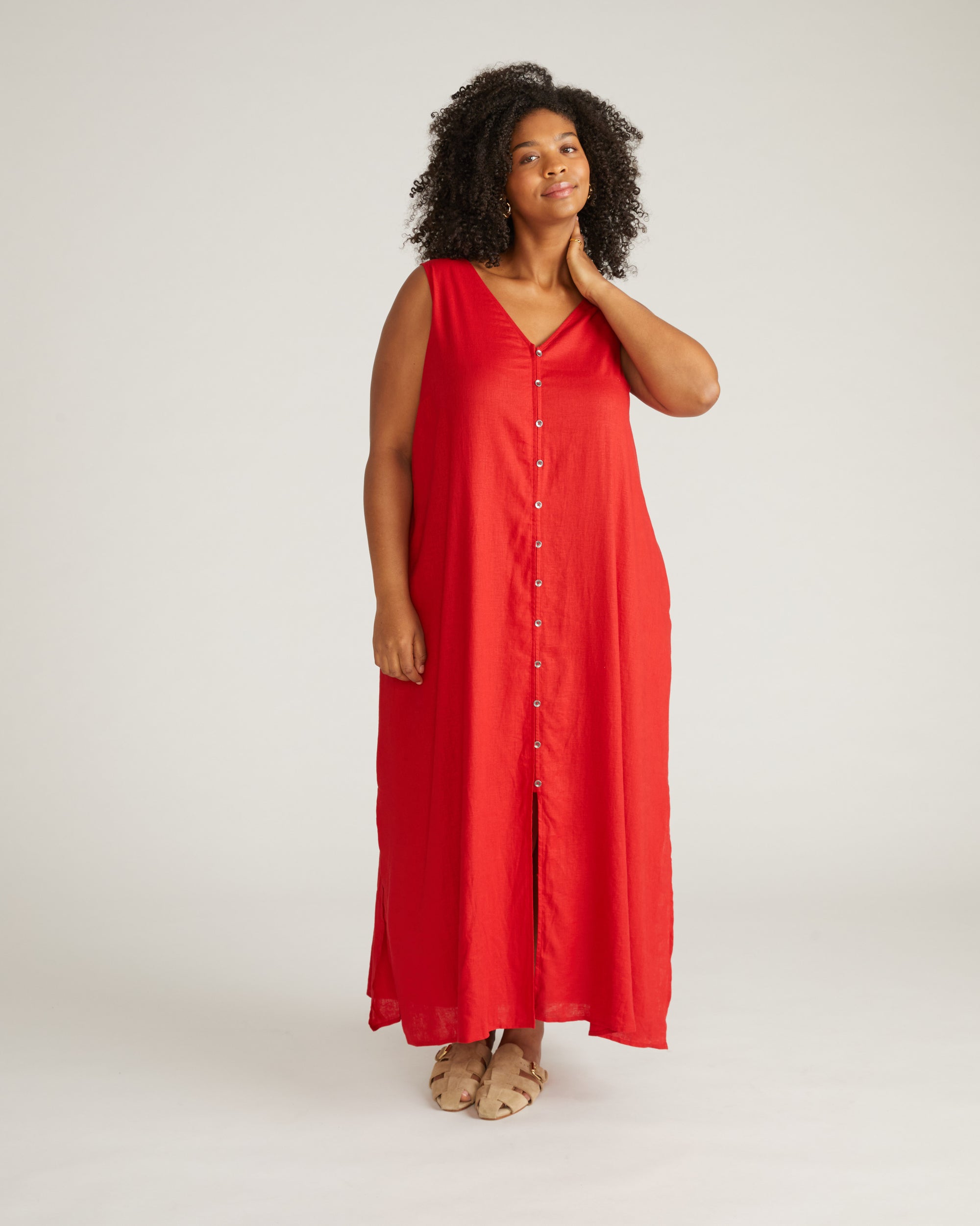 Islet Button-Down Linen Maxi Dress - Ruby Red