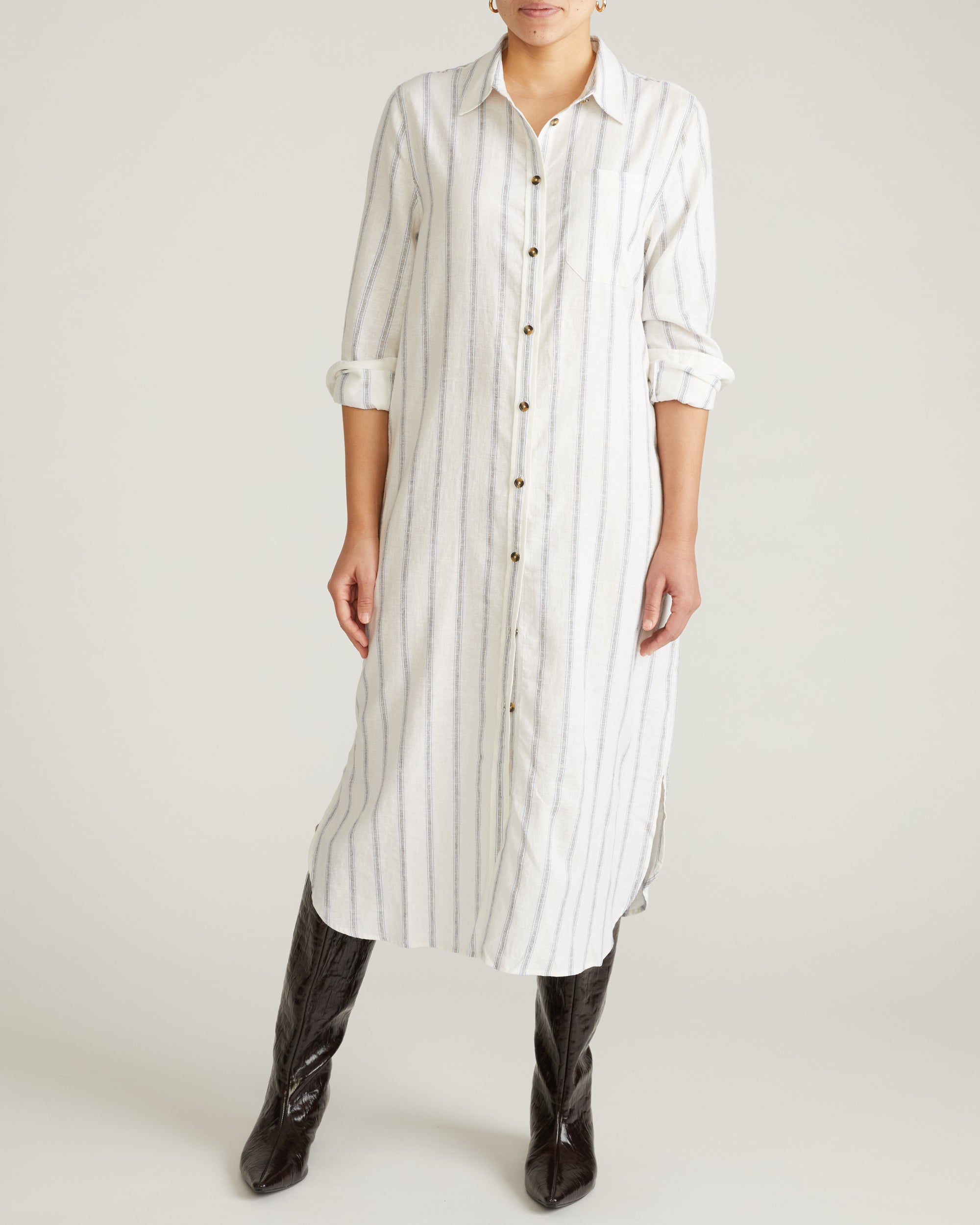 Woman wearing Odeon Linen Shirtdress - Mayfair Stripe from Universal Standard