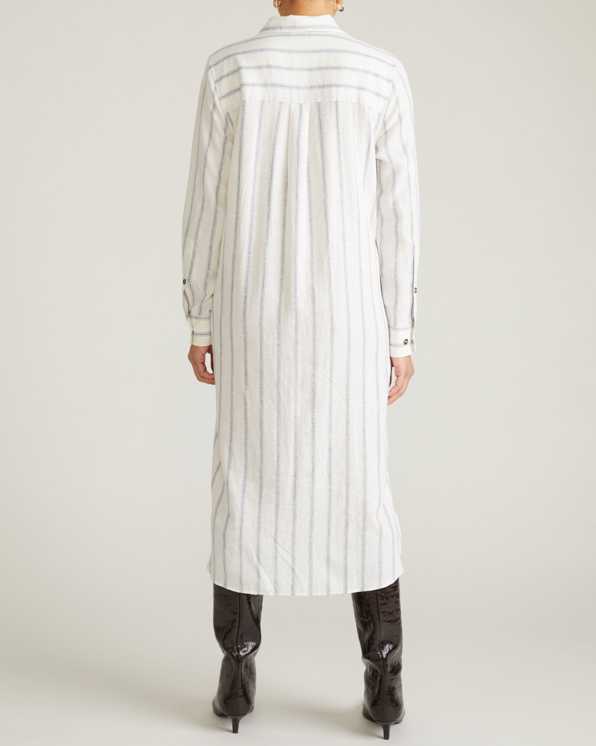 Woman wearing Odeon Linen Shirtdress - Mayfair Stripe from Universal Standard