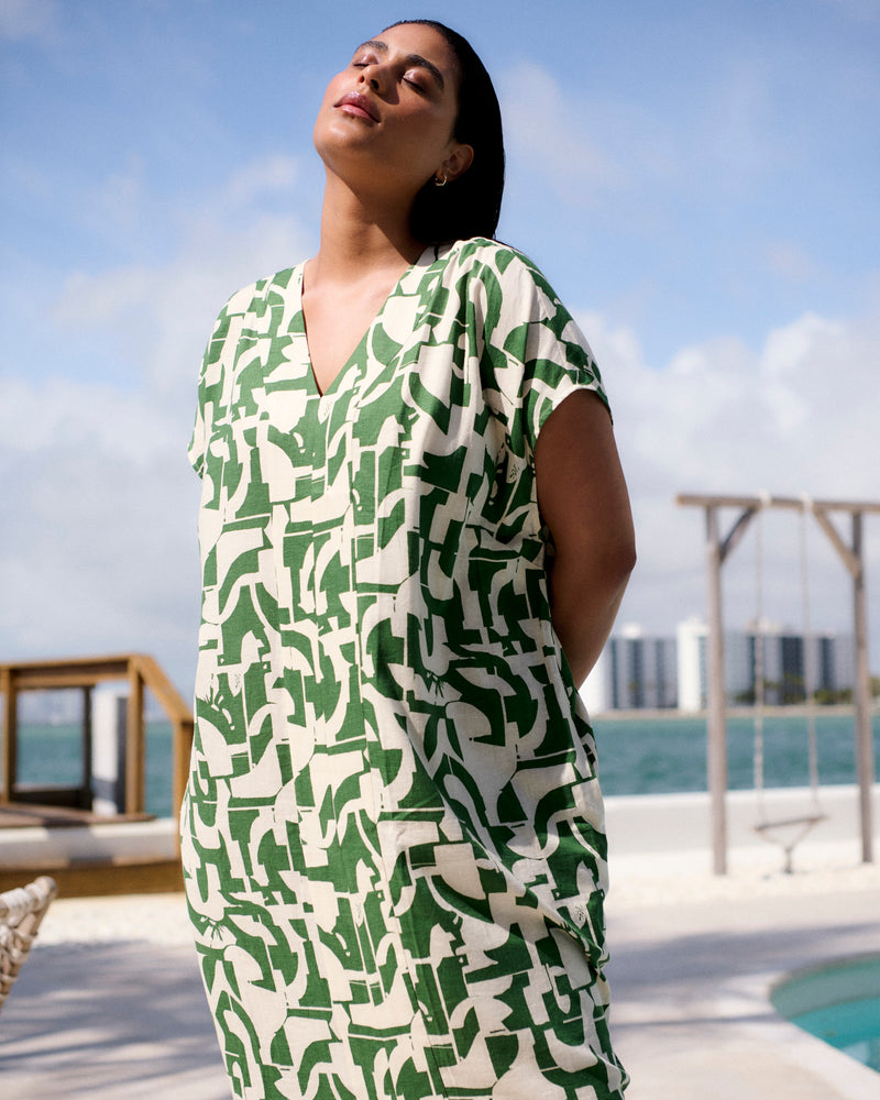 Cabana Linen Kaftan - Hedge Maze Print