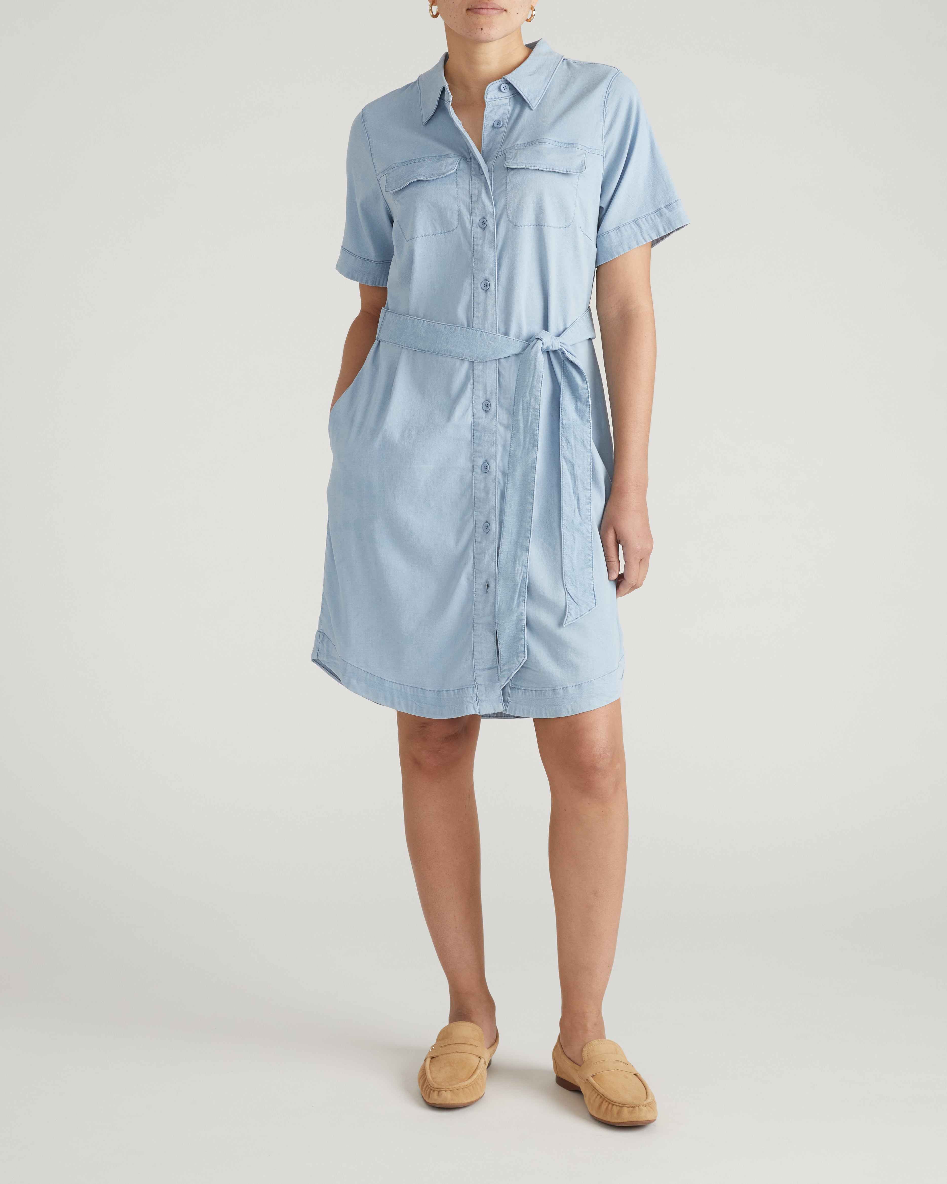 ワンピース WIRROW CUPRA COTTON SHIRTS DRESS Perfect Tencel Chambray Short Sleeve Shirtdress - Morning Blue