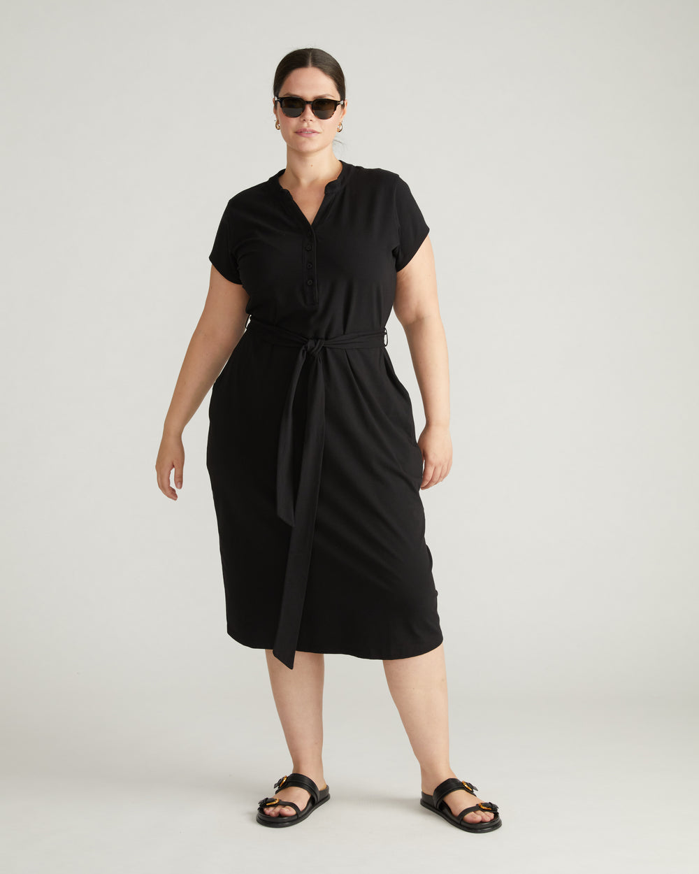 Band Collar Jersey Tie Travel Dress - Black