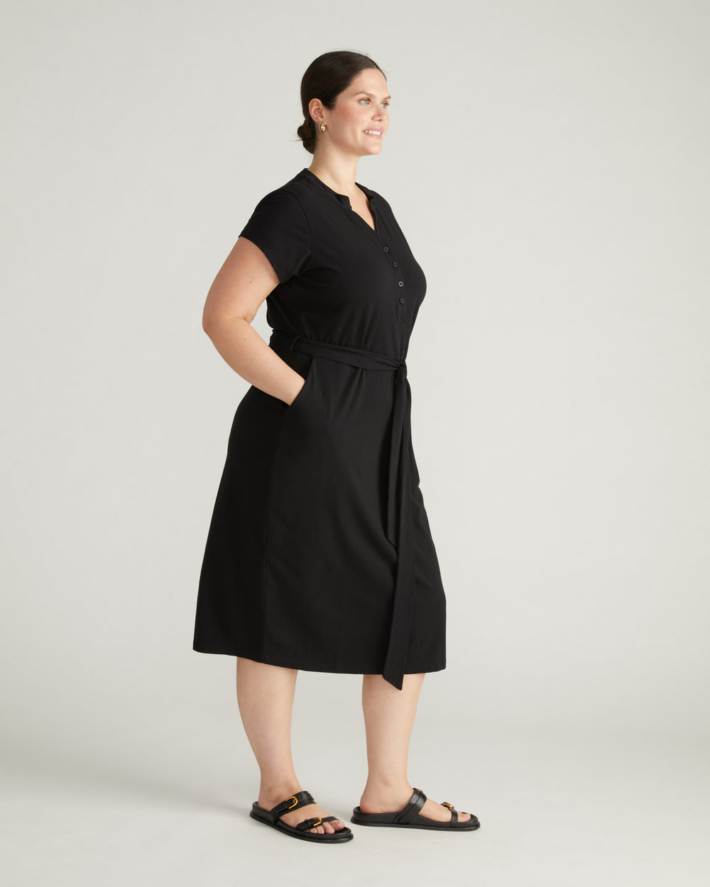 Band Collar Jersey Tie Travel Dress - Black