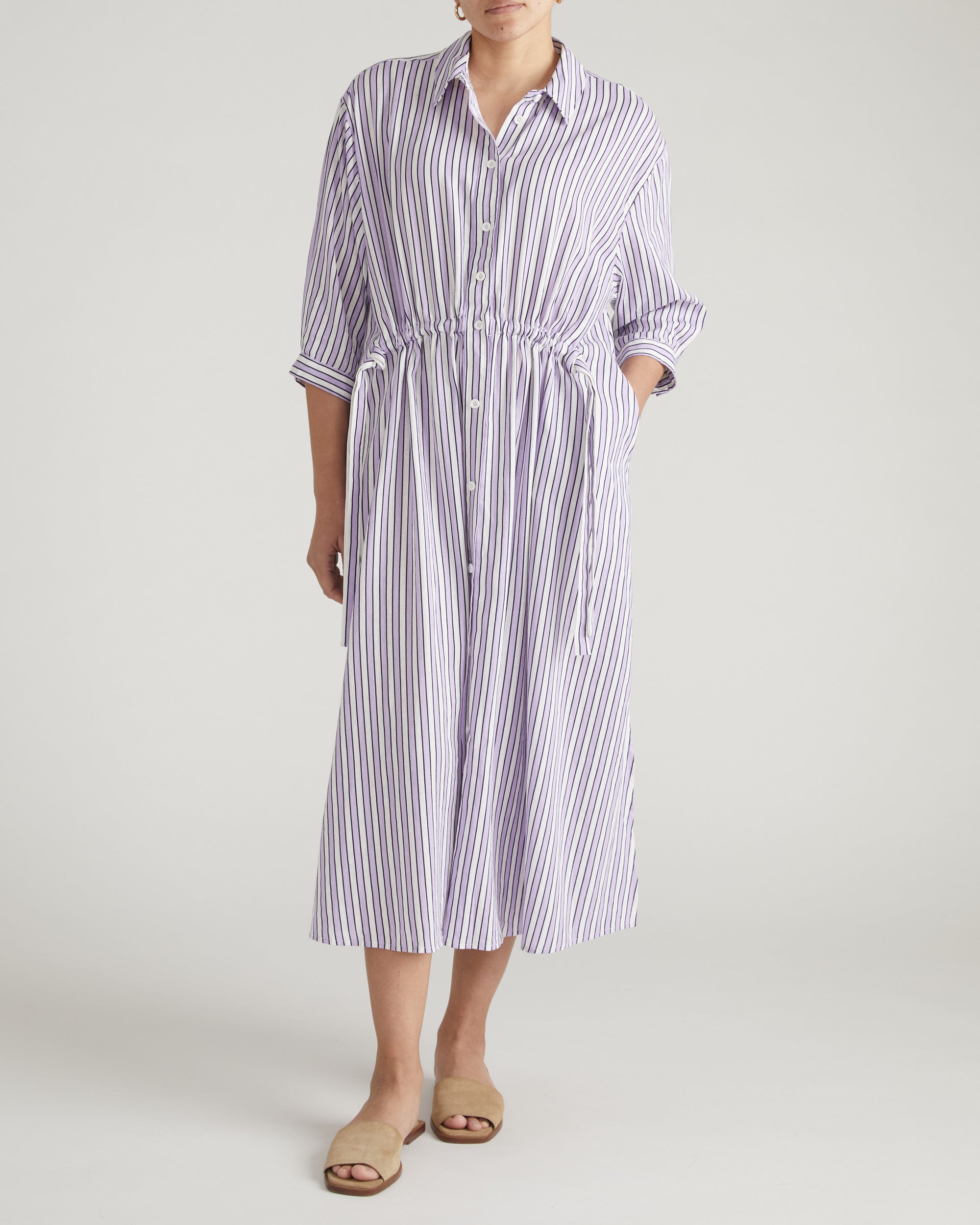 Paros Drawstring Linen Blend Shirtdress - Lilac Stripe Print | Plus Size & Straight Size Women's Fashion | Universal Standard