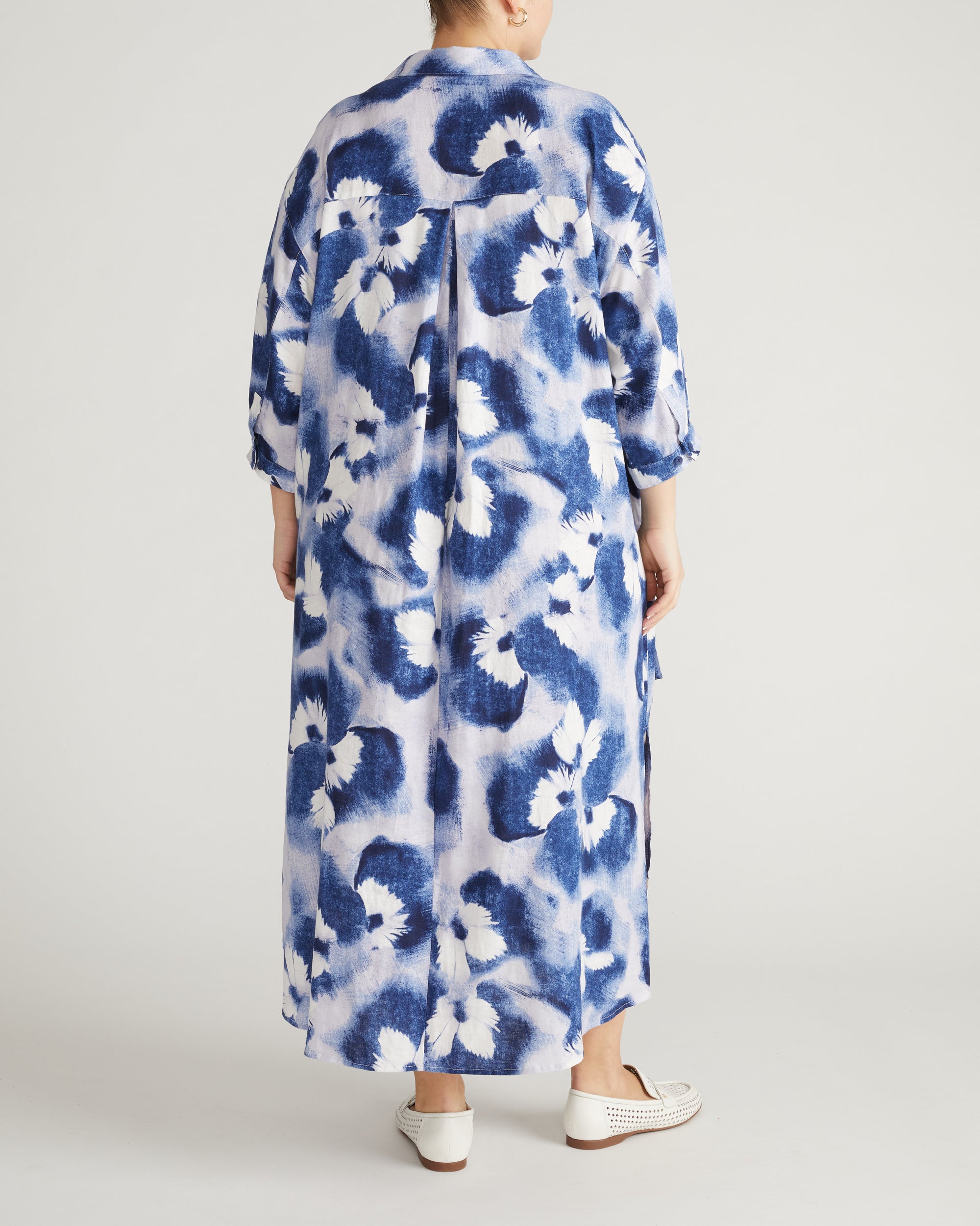 Paros Drawstring Linen Blend Shirtdress - Blue Pressed Flower Print | Plus Size & Straight Size Women's Fashion | Universal Standard