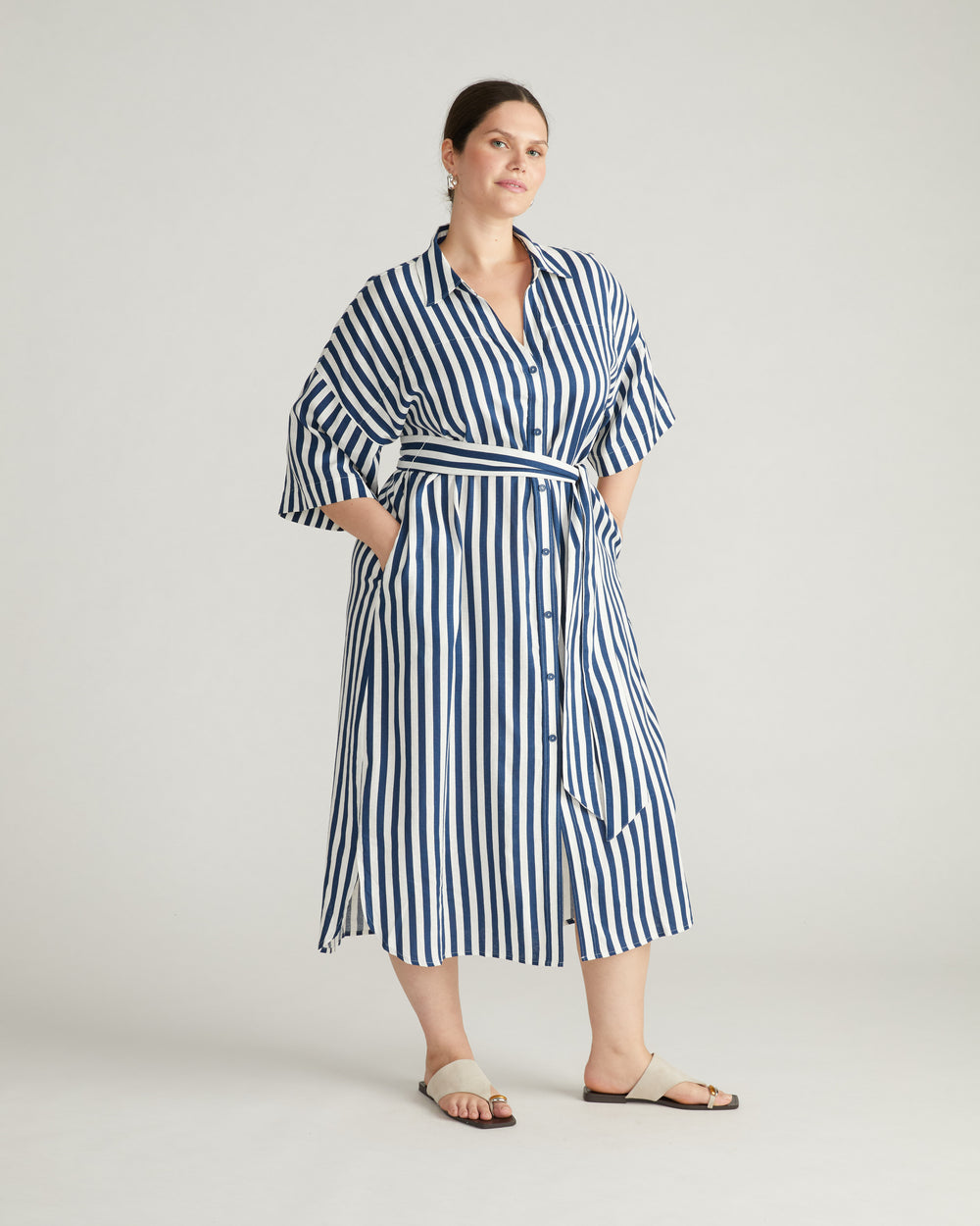 Plaza Linen Shirtdress - Deep Blue/White Stripe
