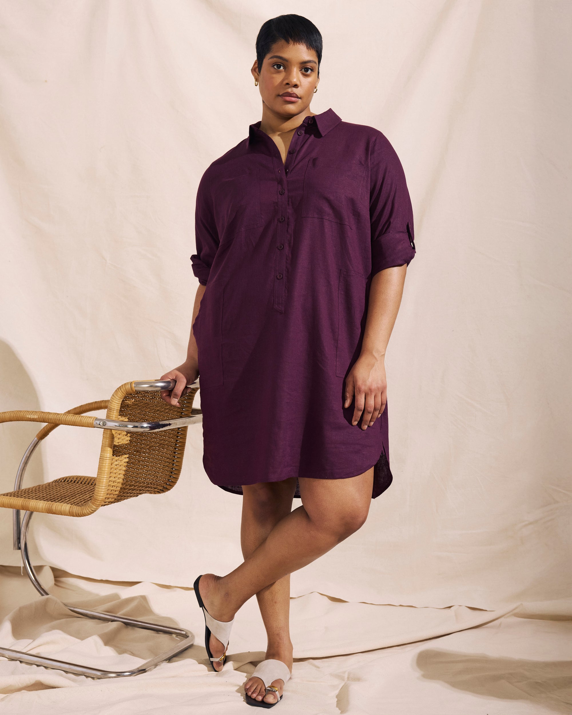 Woman wearing Linen Rubicon Shirtdress - Acai from Universal Standard