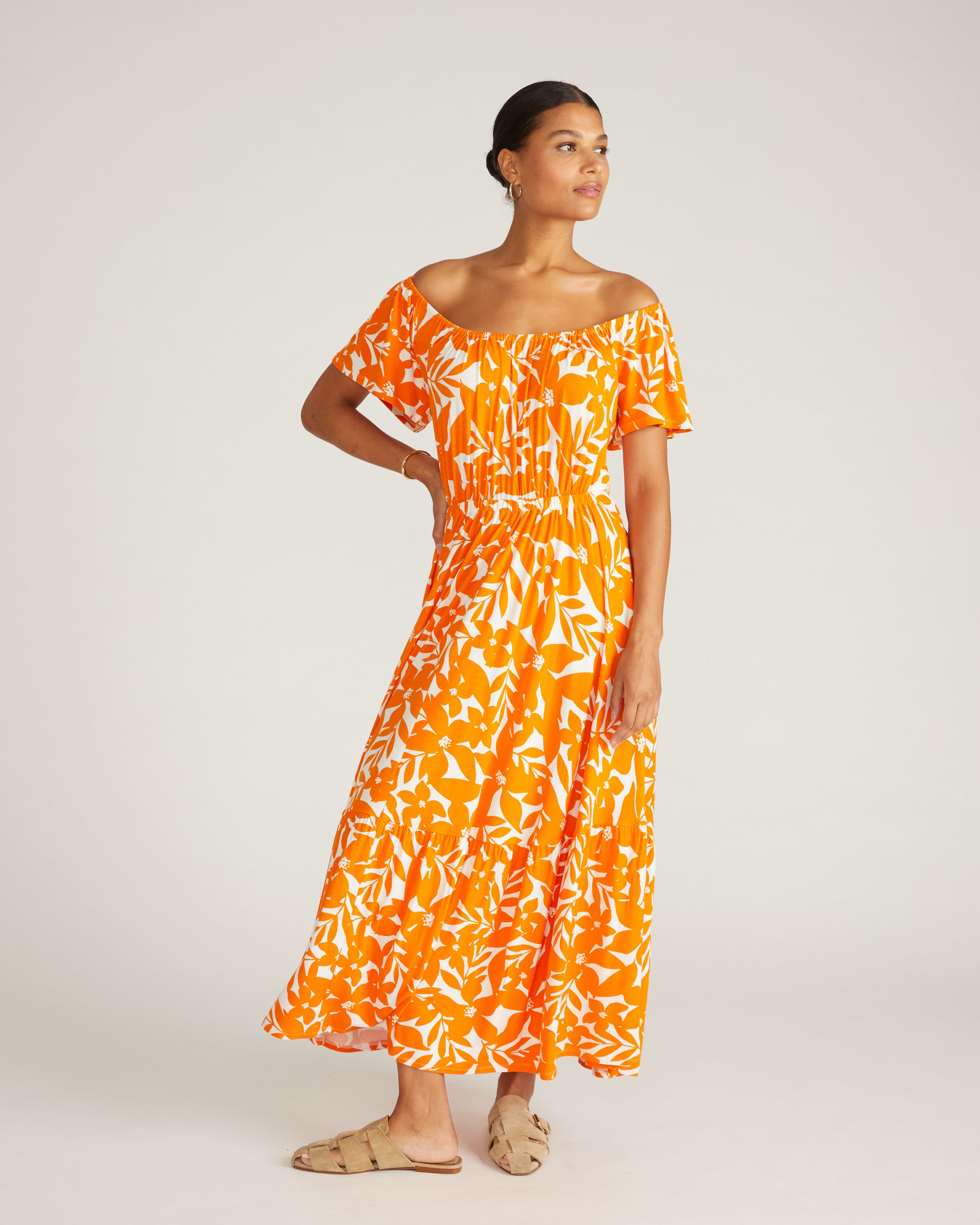 Kahlo Liquid Jersey Dress - Petal Palette Print in Arancia