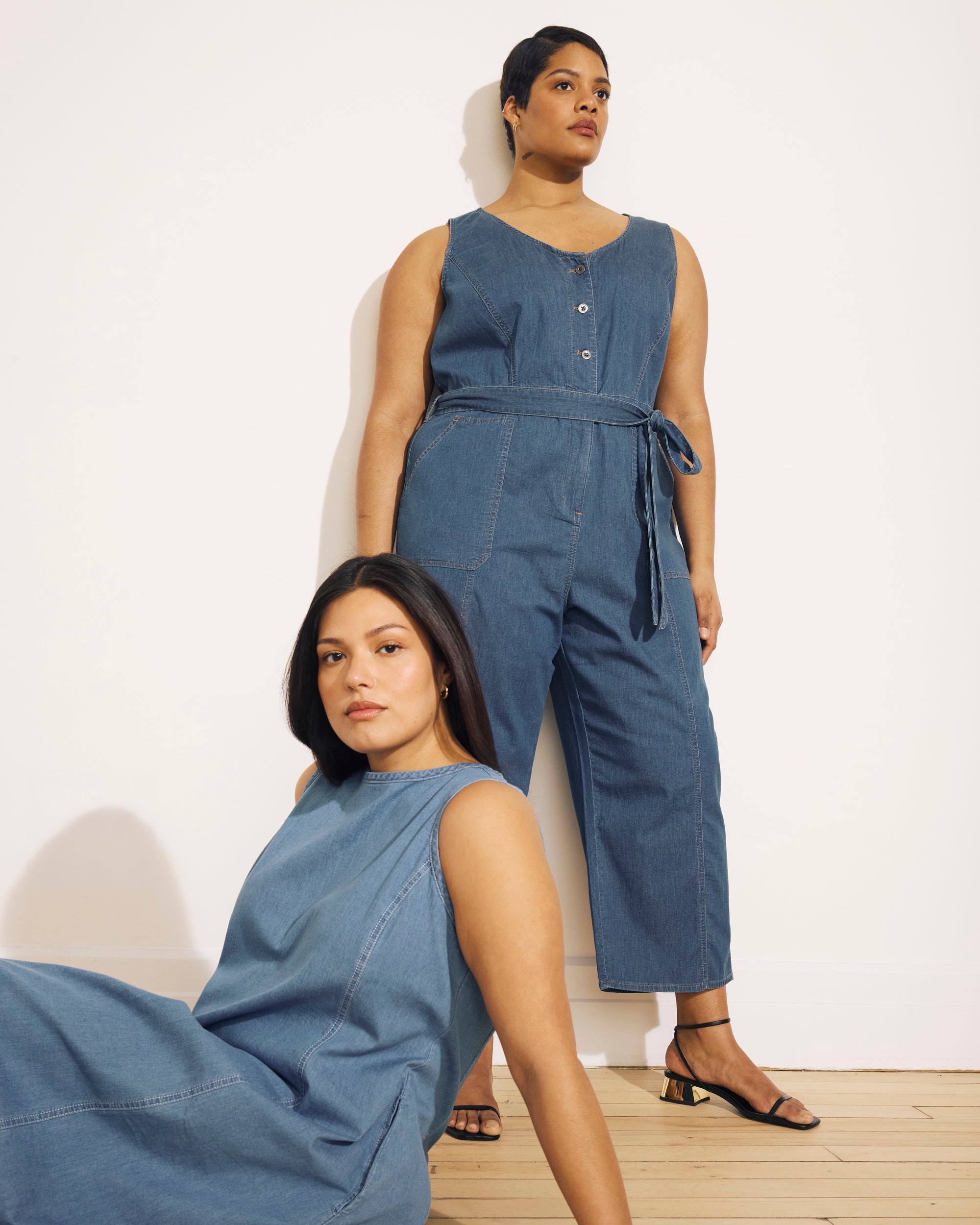 Woman wearing Kendra Cotton Chambray Tank Dress - Cove Blue from Universal Standard