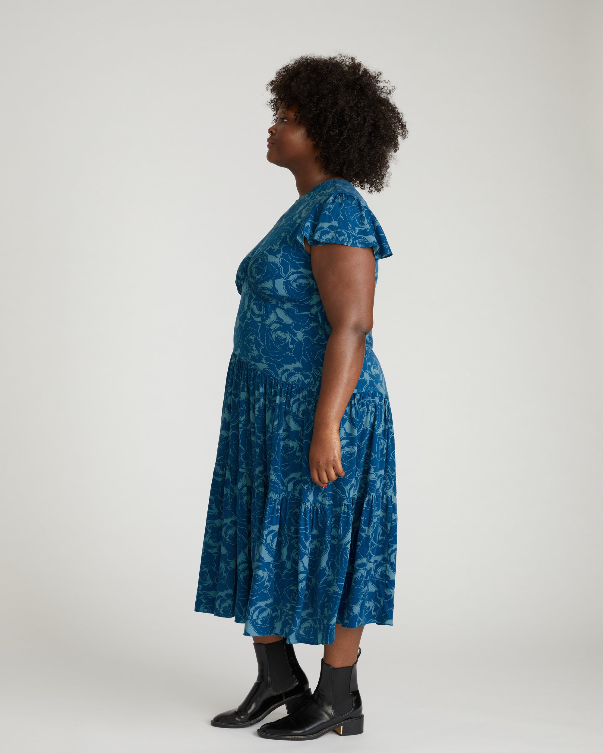 Mariella Stretch Cupro Dress - / Rose Print in Deep Teal- Size2XS - by Universal Standard Mariella Stretch Cupro Dress - / Rose Print in Deep Teal- Size2XS - by Universal Standard