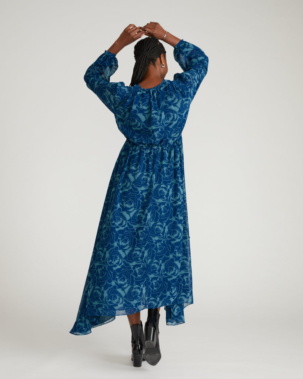 Karina Chiffon Dress - Rose Print in Deep Teal