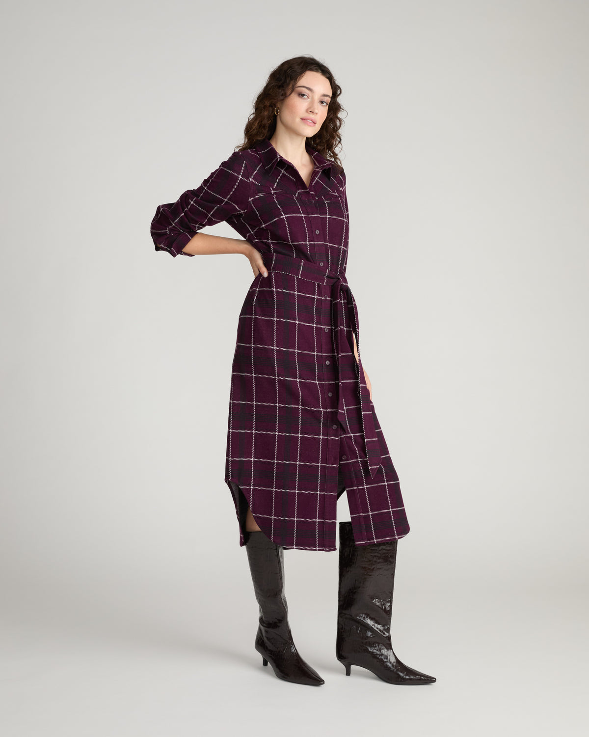 Morgan Belted Stretch Flannel Shirtdress - Gamay Windowpane Plaid | Plus Size & Straight Size Women's Fashion | Universal Standard