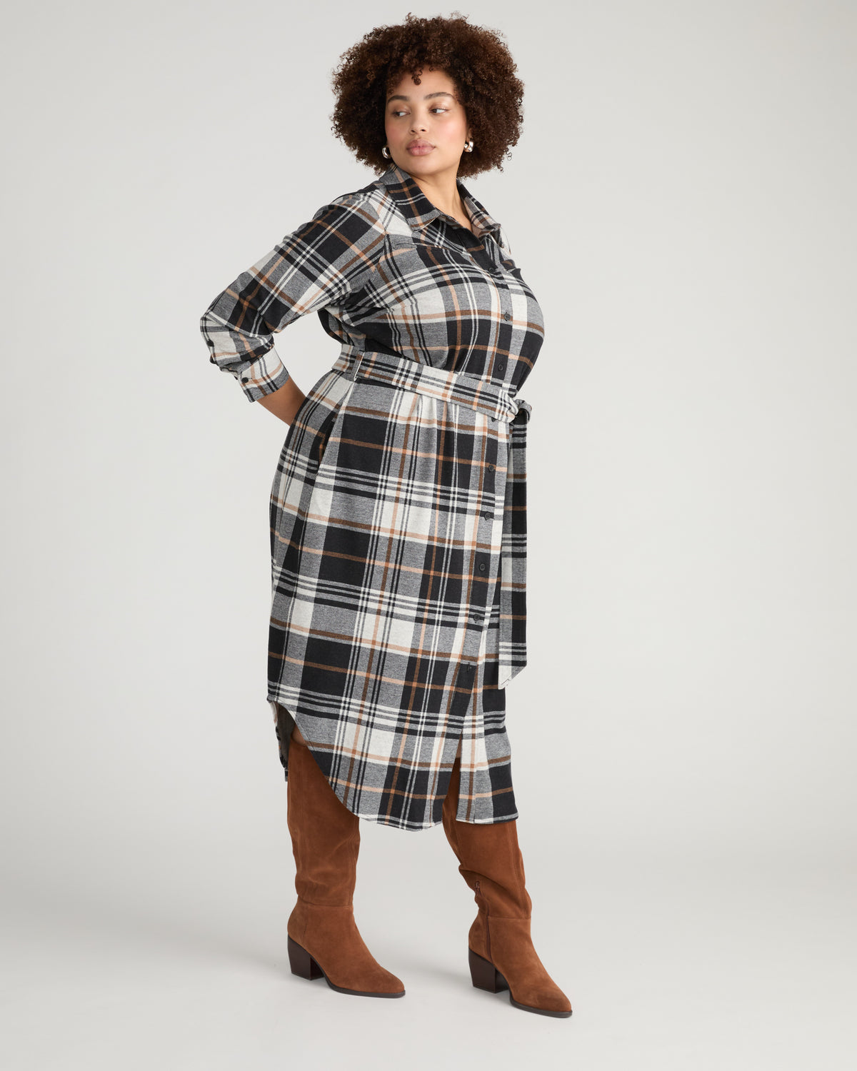 Morgan Belted Stretch Flannel Shirtdress - Black/White Ashton Plaid | Plus Size & Straight Size Women's Fashion | Universal Standard