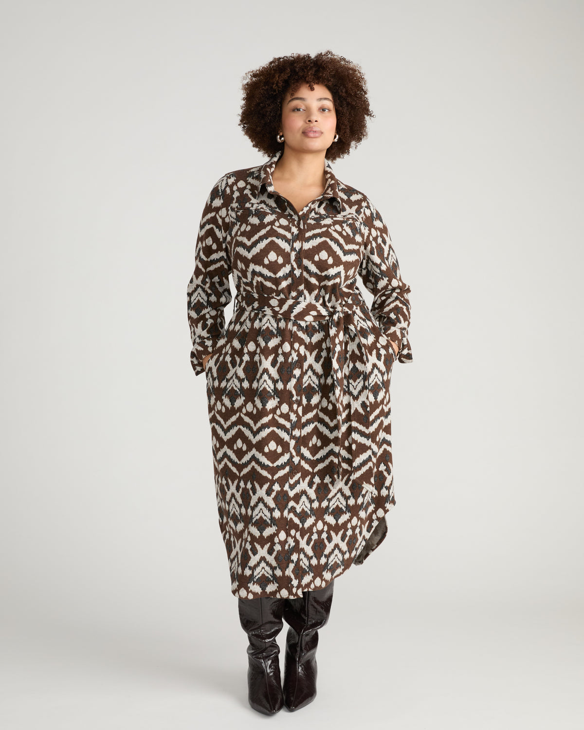 Morgan Belted Stretch Flannel Shirtdress - Chocolate Ikat Jacquard | Plus Size & Straight Size Women's Fashion | Universal Standard