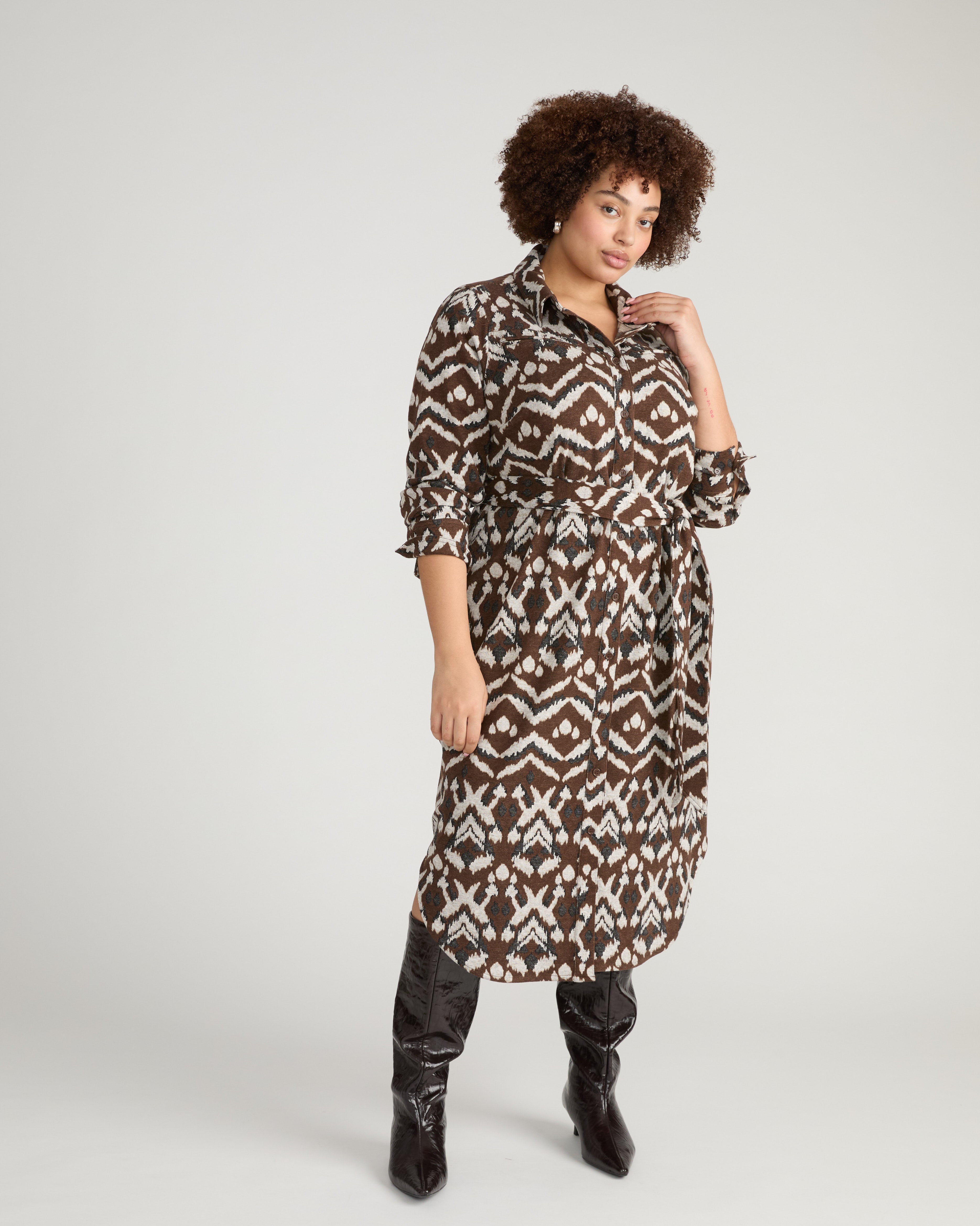 Morgan Belted Stretch Flannel Shirtdress - Chocolate Ikat Jacquard