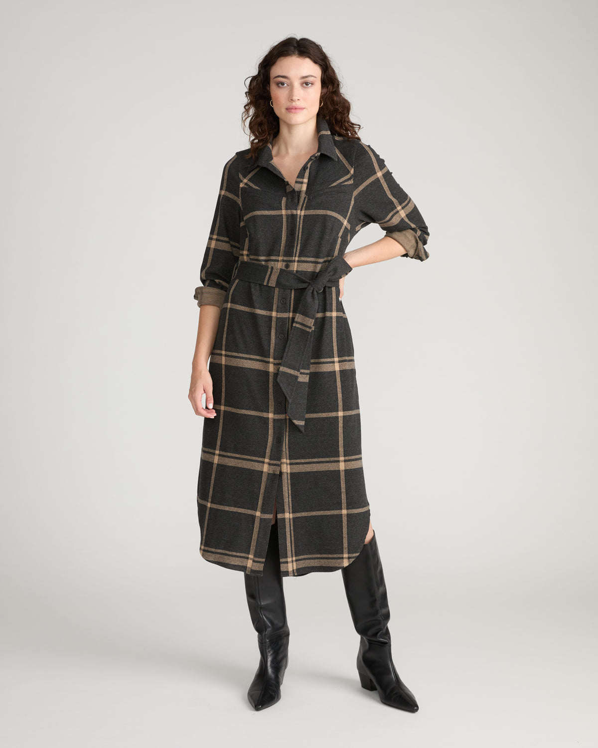 Morgan Belted Stretch Flannel Shirtdress - Mushroom Cap Plaid | Plus Size & Straight Size Women's Fashion | Universal Standard