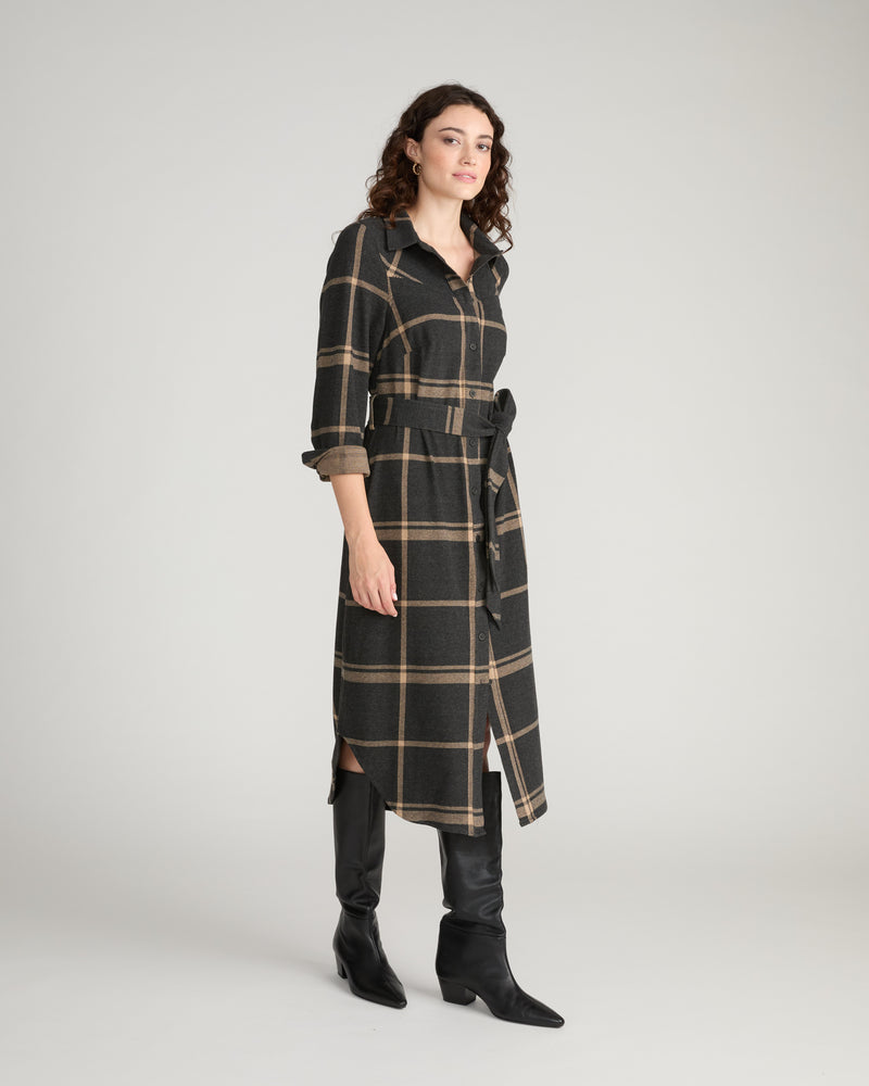 Morgan Belted Stretch Flannel Shirtdress - Mushroom Cap Plaid | Plus Size & Straight Size Women's Fashion | Universal Standard