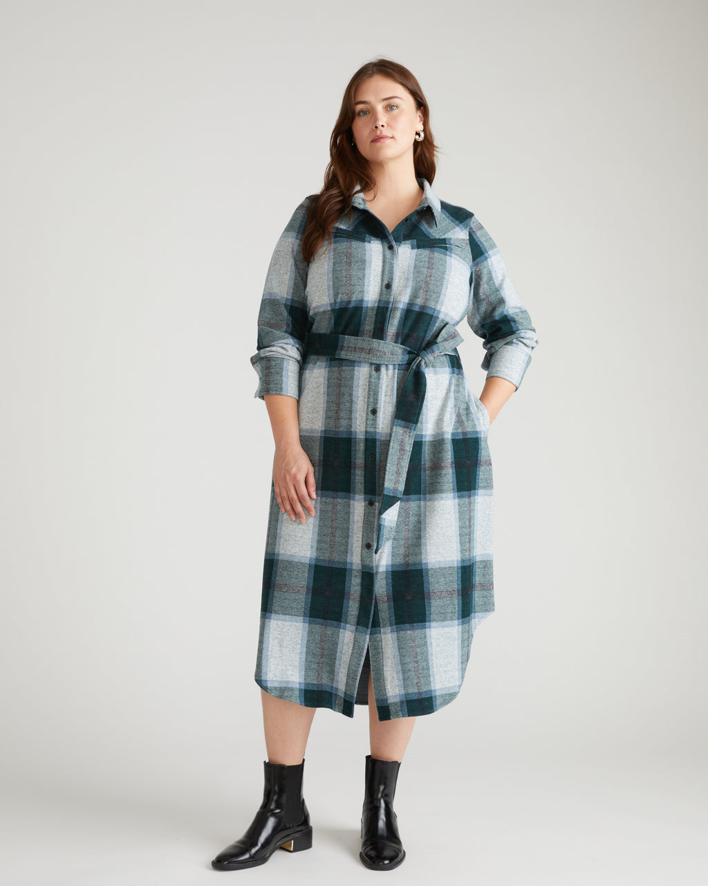 Morgan Belted Stretch Flannel Shirtdress - Mate Green Plaid - Size 2XL