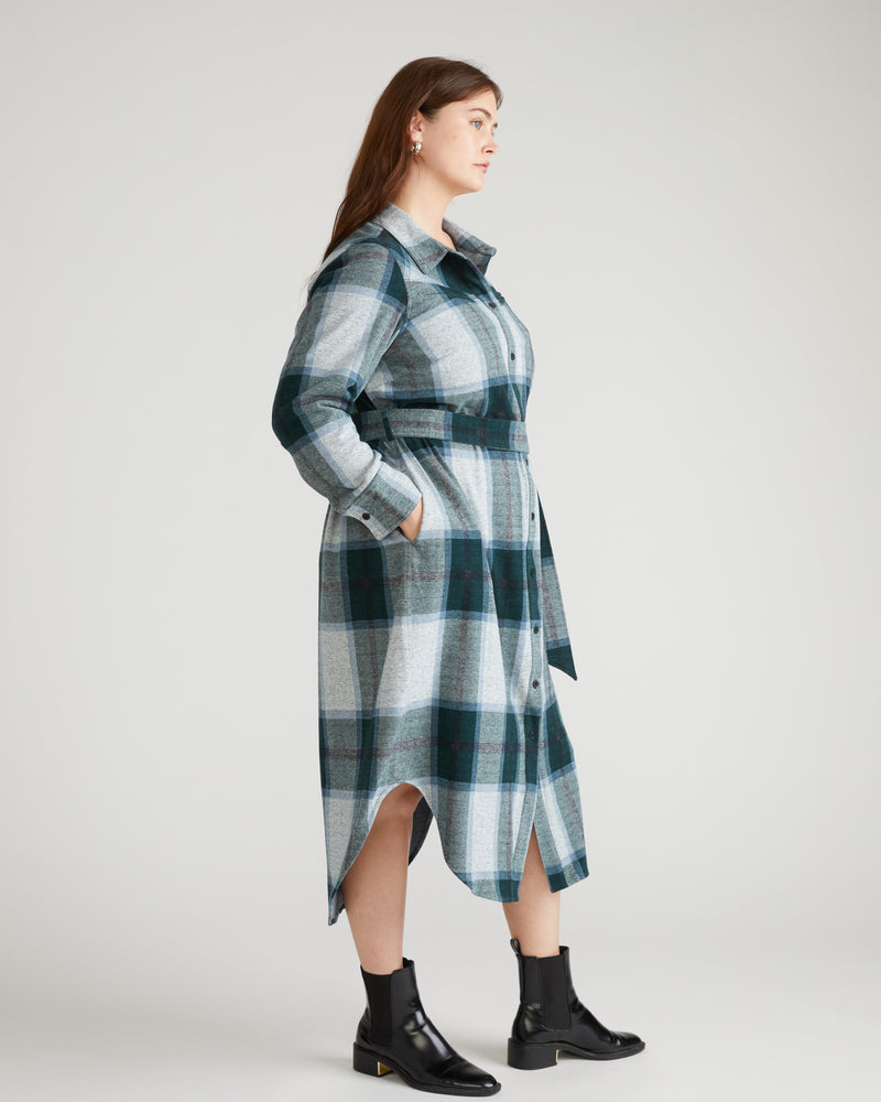 Morgan Stretch Flannel Shirtdress - Mate Green Plaid