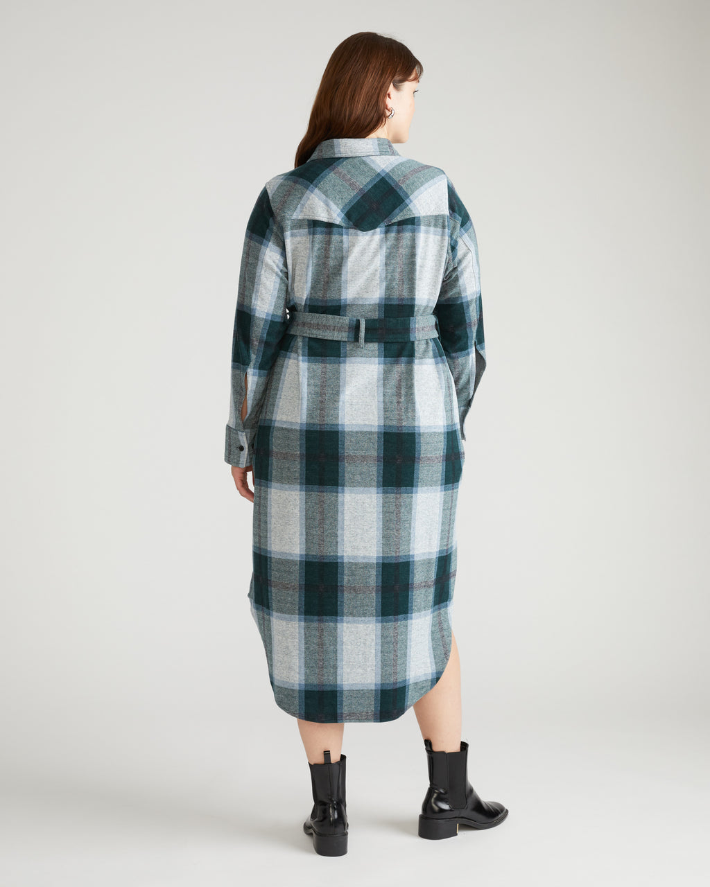 Morgan Belted Stretch Flannel Shirtdress - Mate Green Plaid - Size 2XL