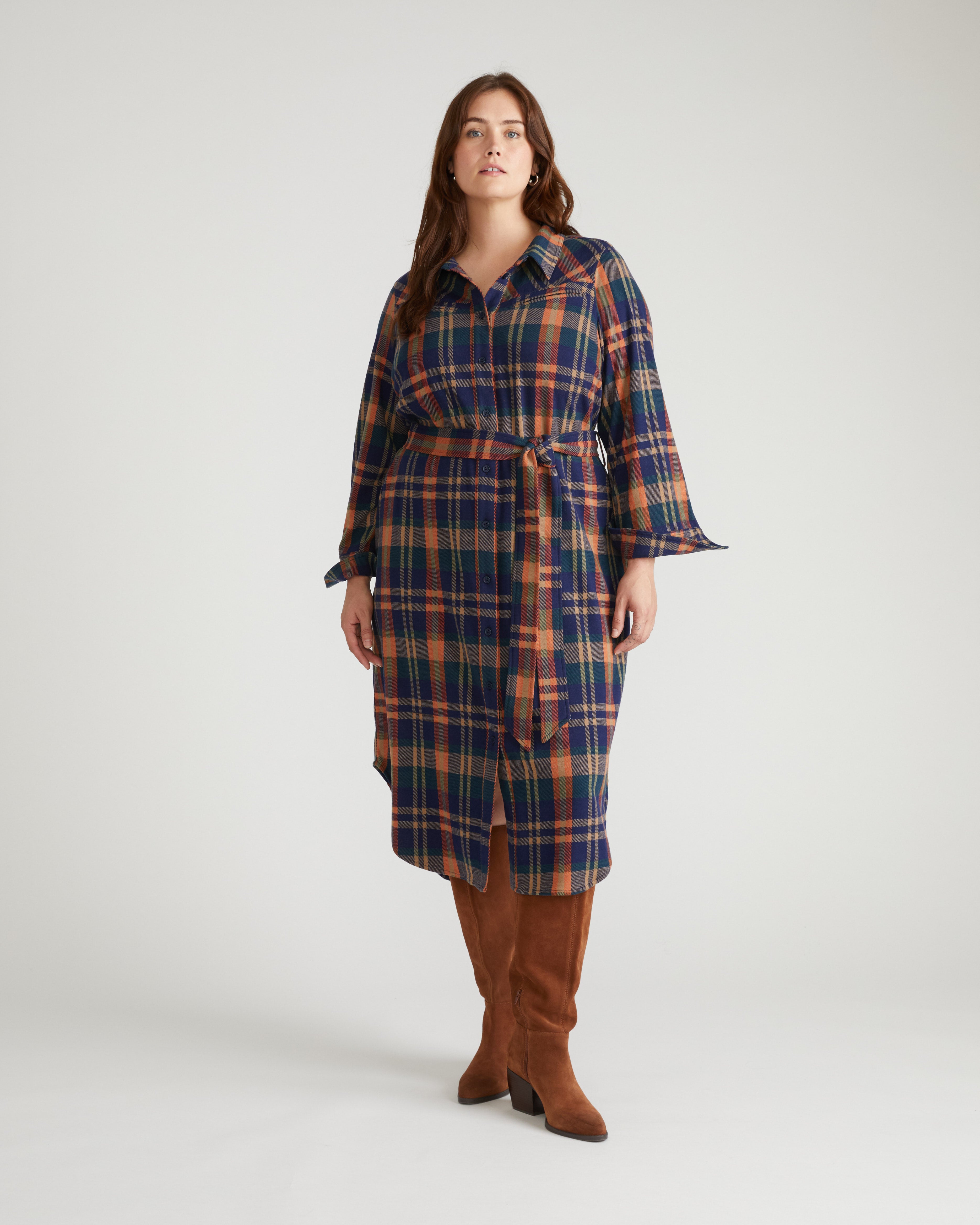 Morgan Belted Stretch Flannel Shirtdress - Autumn Apple Plaid