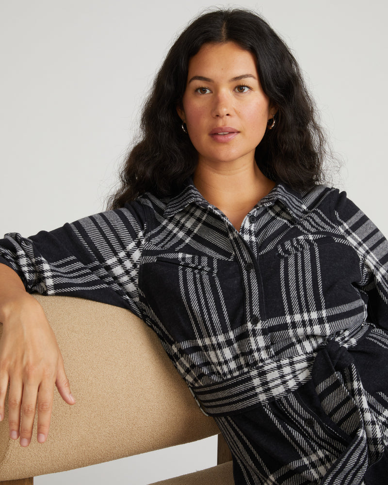 Morgan Stretch Flannel Shirtdress - Highland Hug Black Plaid